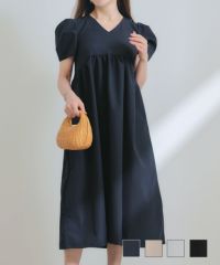 Vネックタックボリュームスリーブワンピース半袖Liala×PG