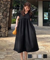 Vネックタックボリュームスリーブワンピース半袖Liala×PG