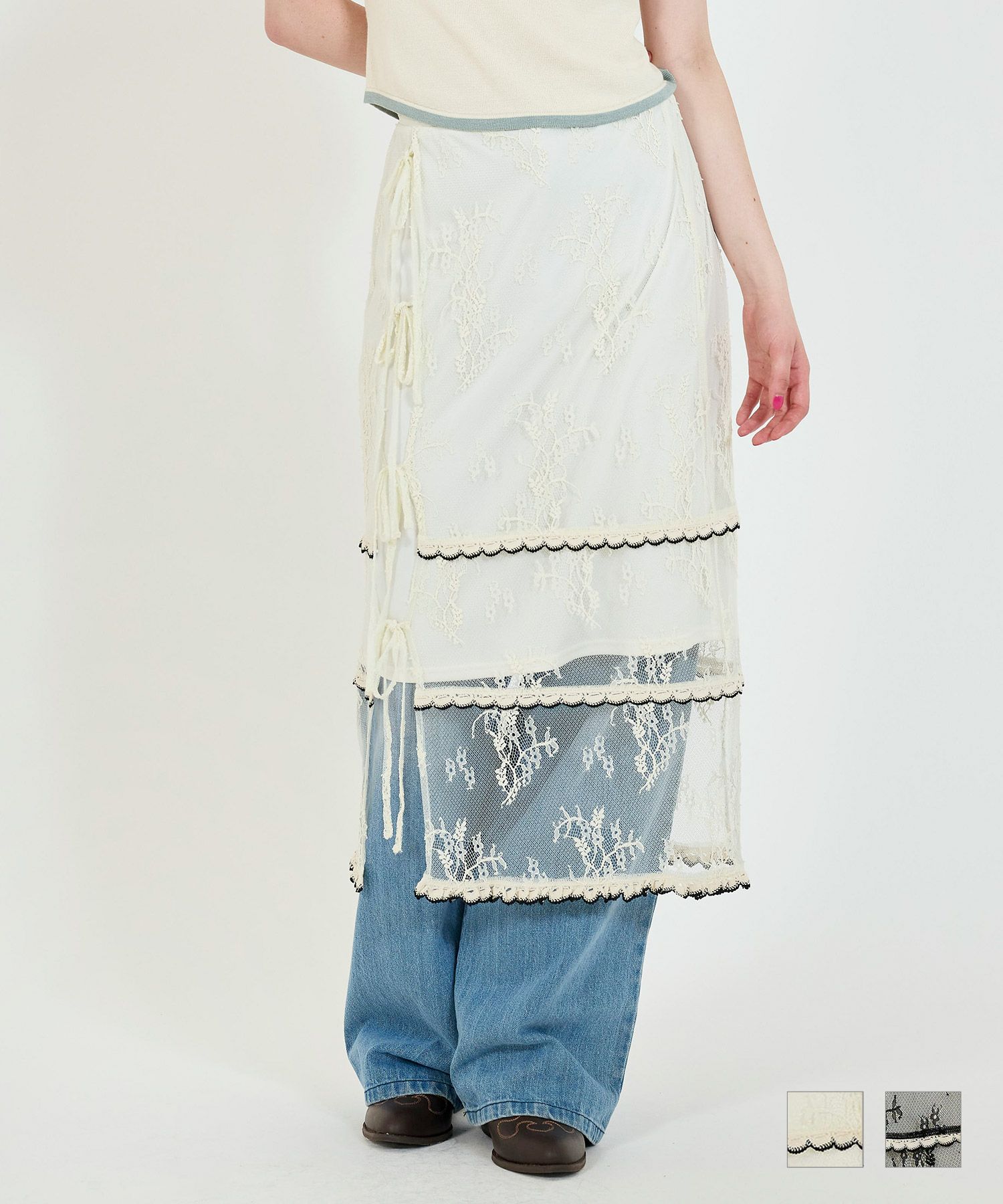 フラワーレース スリット入りスカート TINA：JOJUN 全2色｜tnj621-0845  