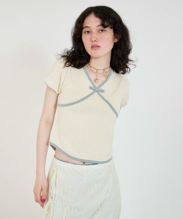 Early-Autumn-SALE 配色 半袖ニットプルオーバー TINA：JOJUN 全