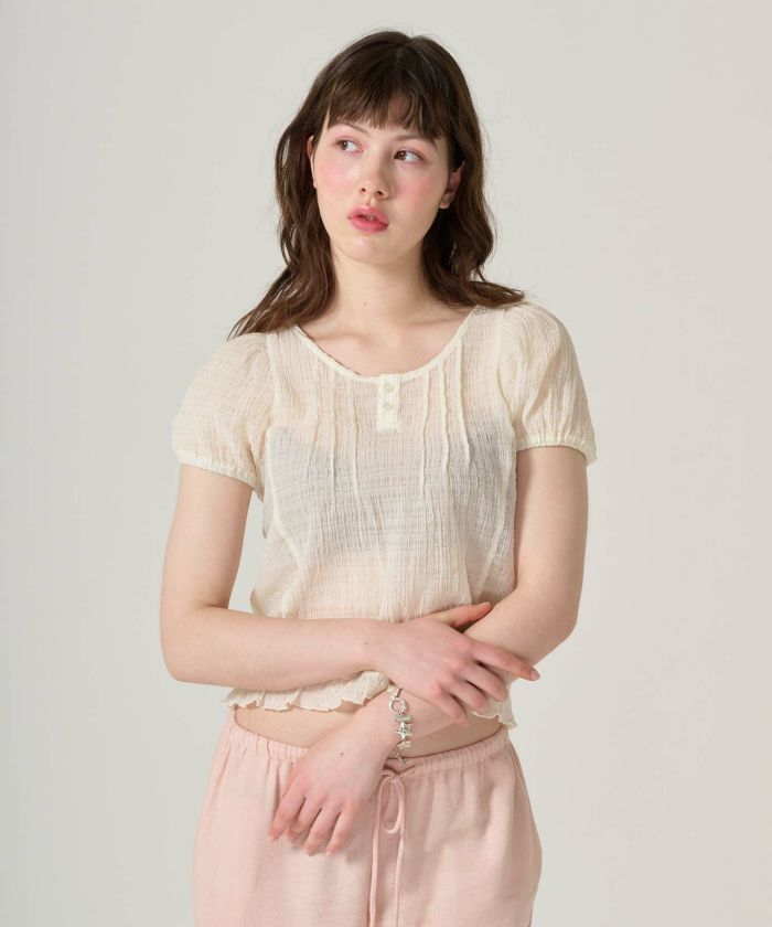 ブラウス/半袖/シアー/ヘンリーネック