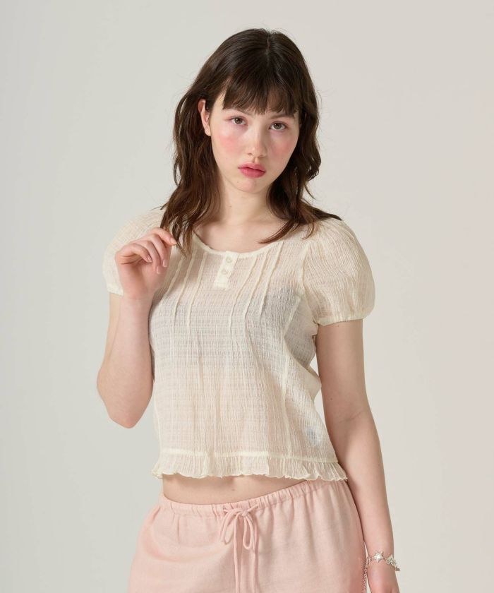 ブラウス/半袖/シアー/ヘンリーネック