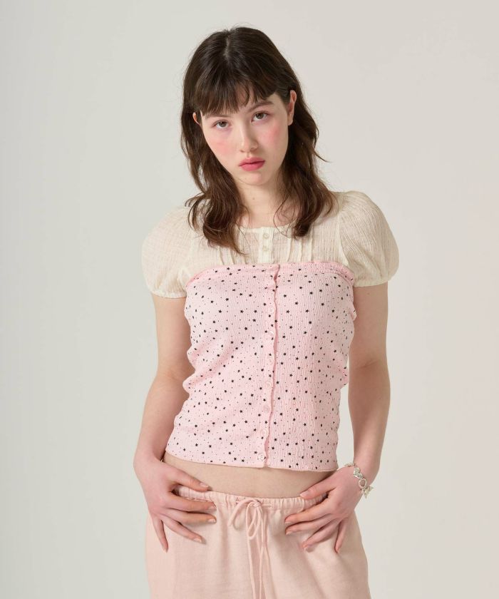 ブラウス/半袖/シアー/ヘンリーネック