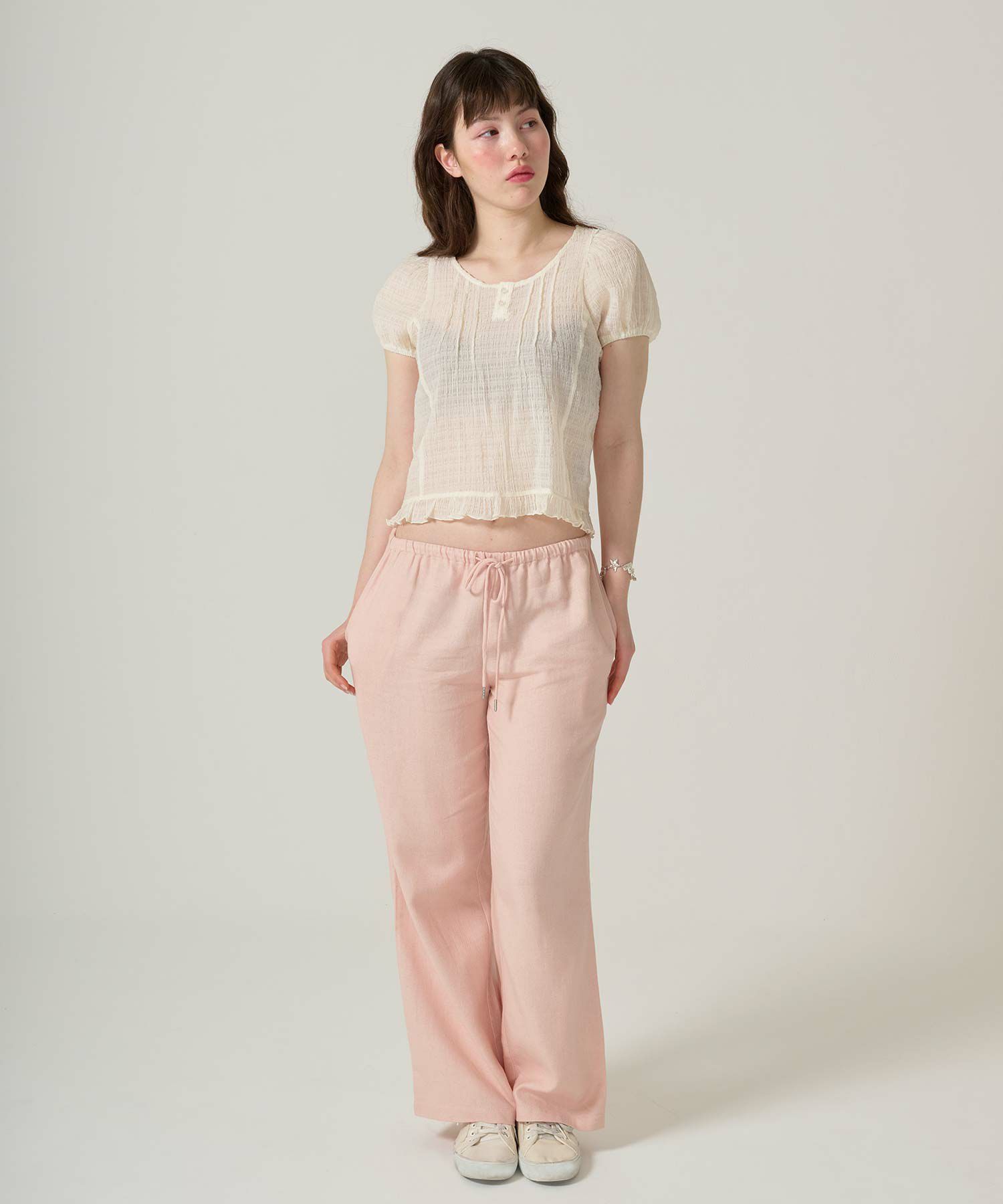 ブラウス/半袖/シアー/ヘンリーネック