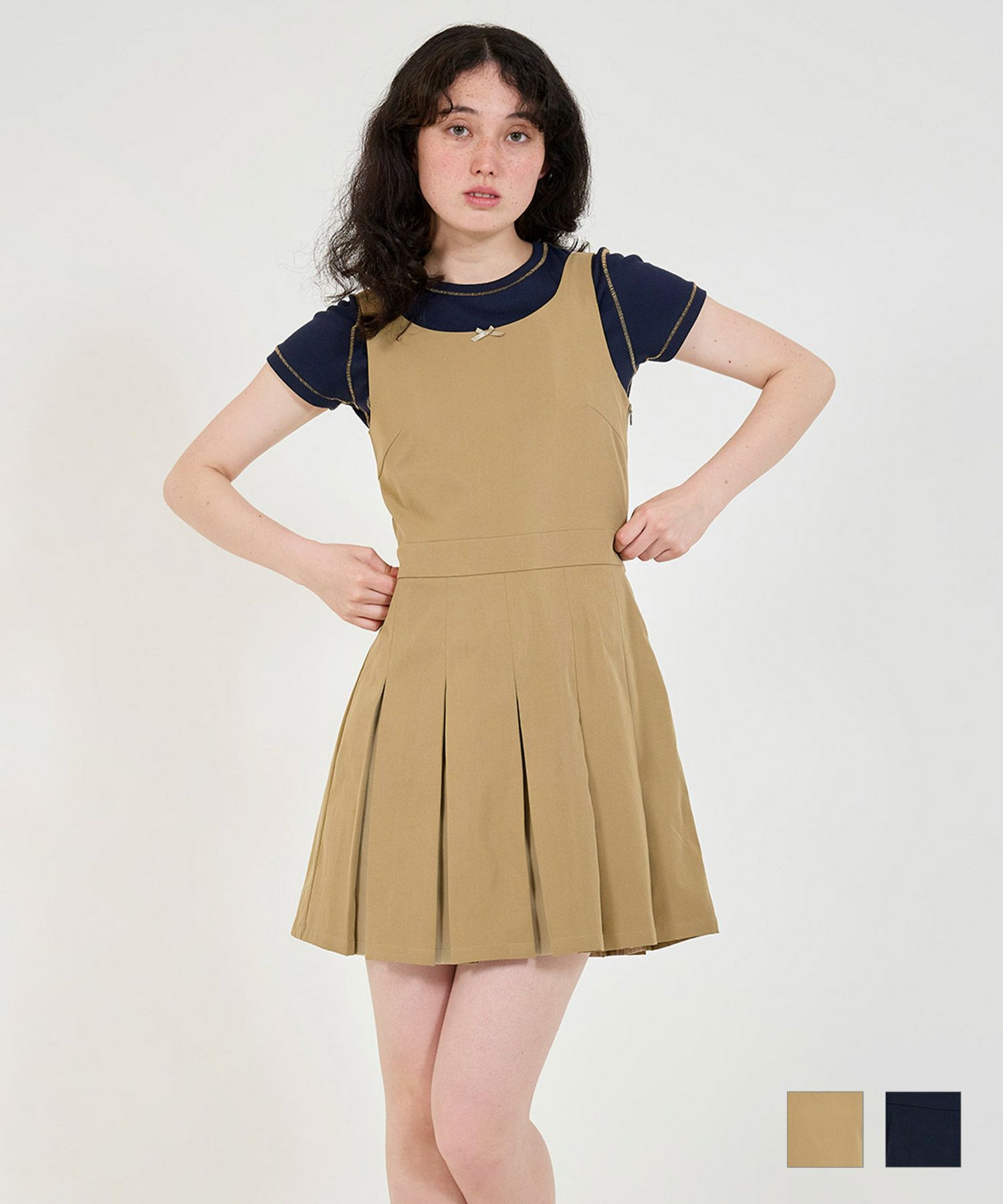 プリーツ切替 ミニ丈無地ワンピース TINA：JOJUN 全2色｜tnj321-0849  