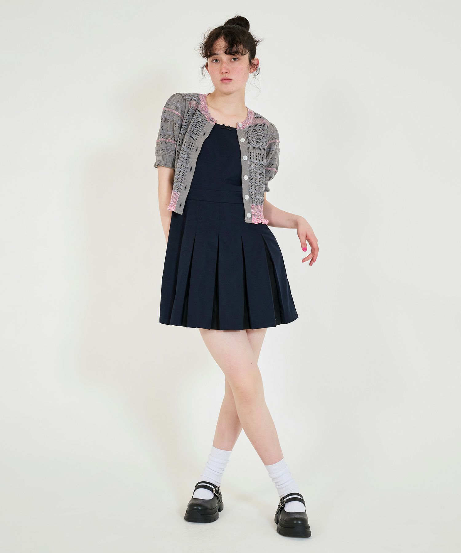 プリーツ切替 ミニ丈無地ワンピース TINA：JOJUN 全2色｜tnj321-0849  