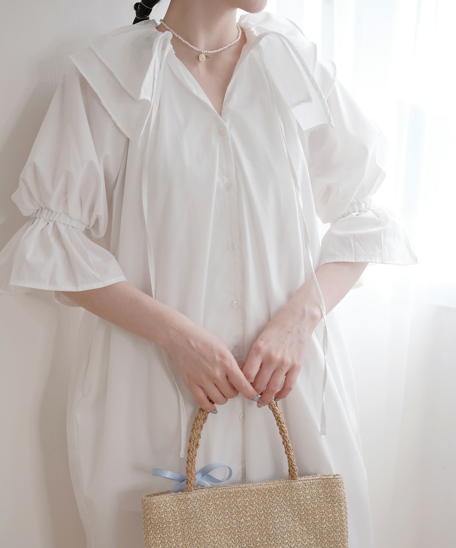 ワンピース/フリル/パフスリーブ/ワンピース/ホワイト/ピスタチオ/M