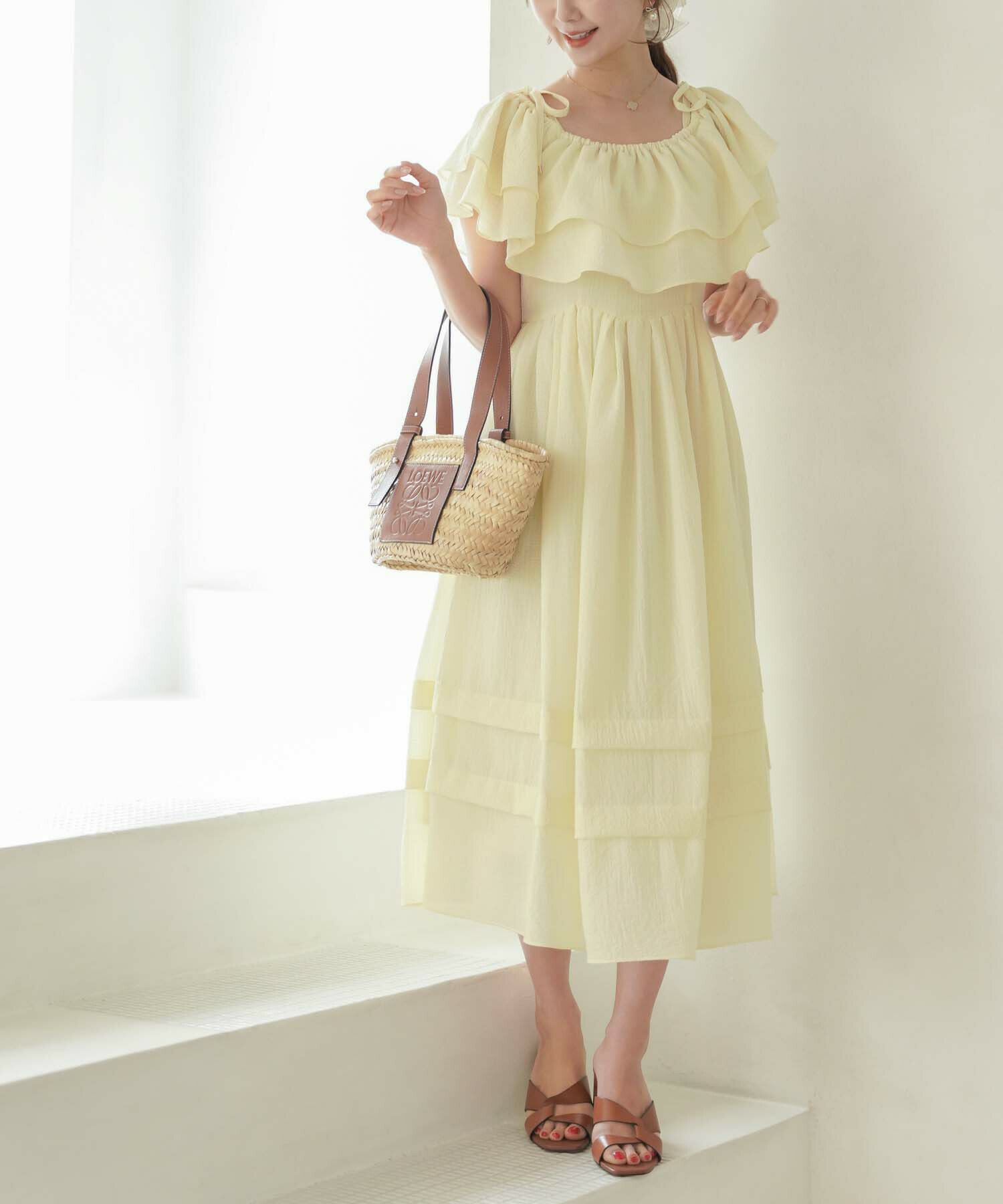 レディース/ワンピース/シアーチェック/シアーワンピース/チェック柄/ギンガムチェック/シフォン/薄手/シアー/ロング/ノースリーブ/オフショル/2WAY/フリル/リボン/春/夏/オケージョン/バケーション/旅行/リゾート/イエロー/レモン/ピンク/べビーピンク/薄ピンク