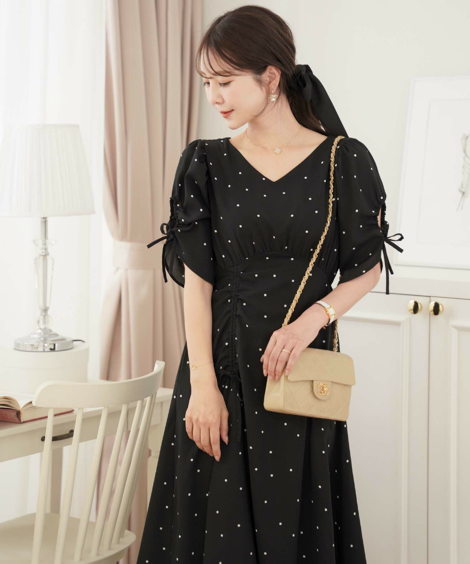 GW-SALE 袖開き リボン付き ドット ワンピース le reve vaniller 全3色  