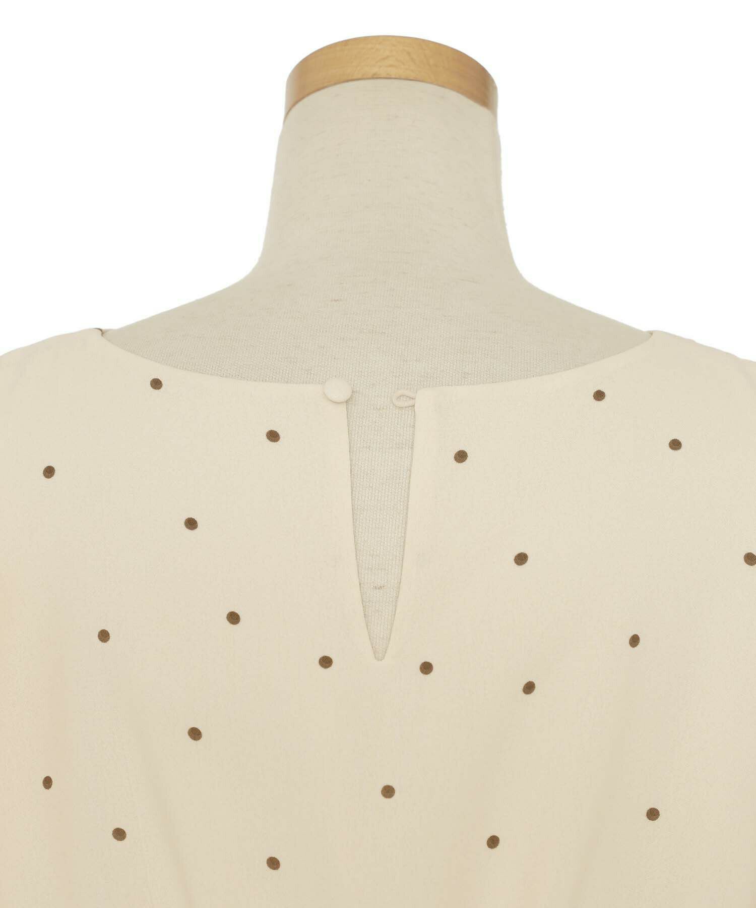 レディース/ワンピース/袖開き/リボン/ギャザー/ドット柄/布帛/半袖/チューリップスリーブ/袖リボン/ハイウエスト/ウエストゴム/エレガント/フェミニン/クラシカル/春/夏/秋/ロング/アイボリー/ブルー/サックス/ブラック/黒