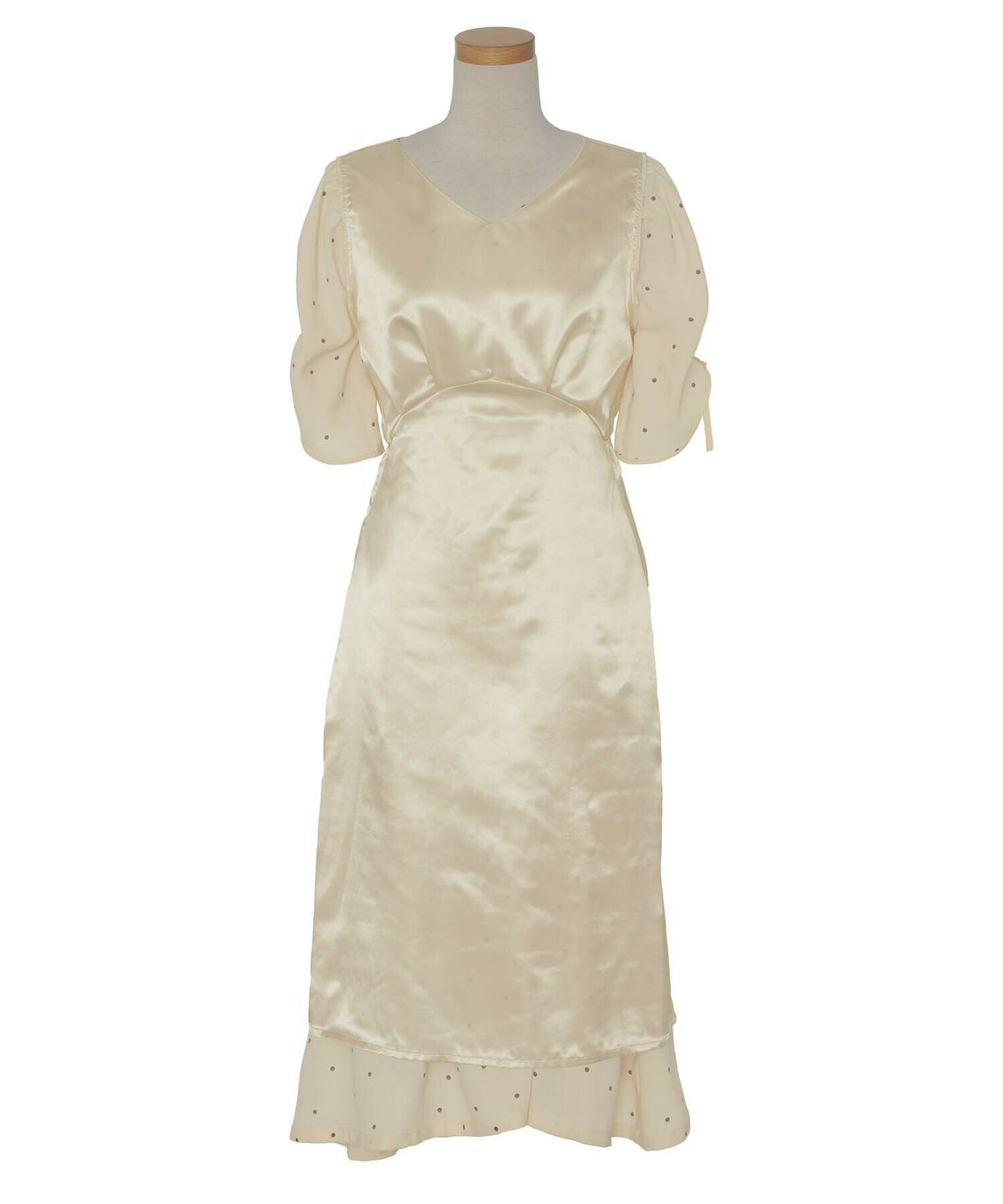 レディース/ワンピース/袖開き/リボン/ギャザー/ドット柄/布帛/半袖/チューリップスリーブ/袖リボン/ハイウエスト/ウエストゴム/エレガント/フェミニン/クラシカル/春/夏/秋/ロング/アイボリー/ブルー/サックス/ブラック/黒