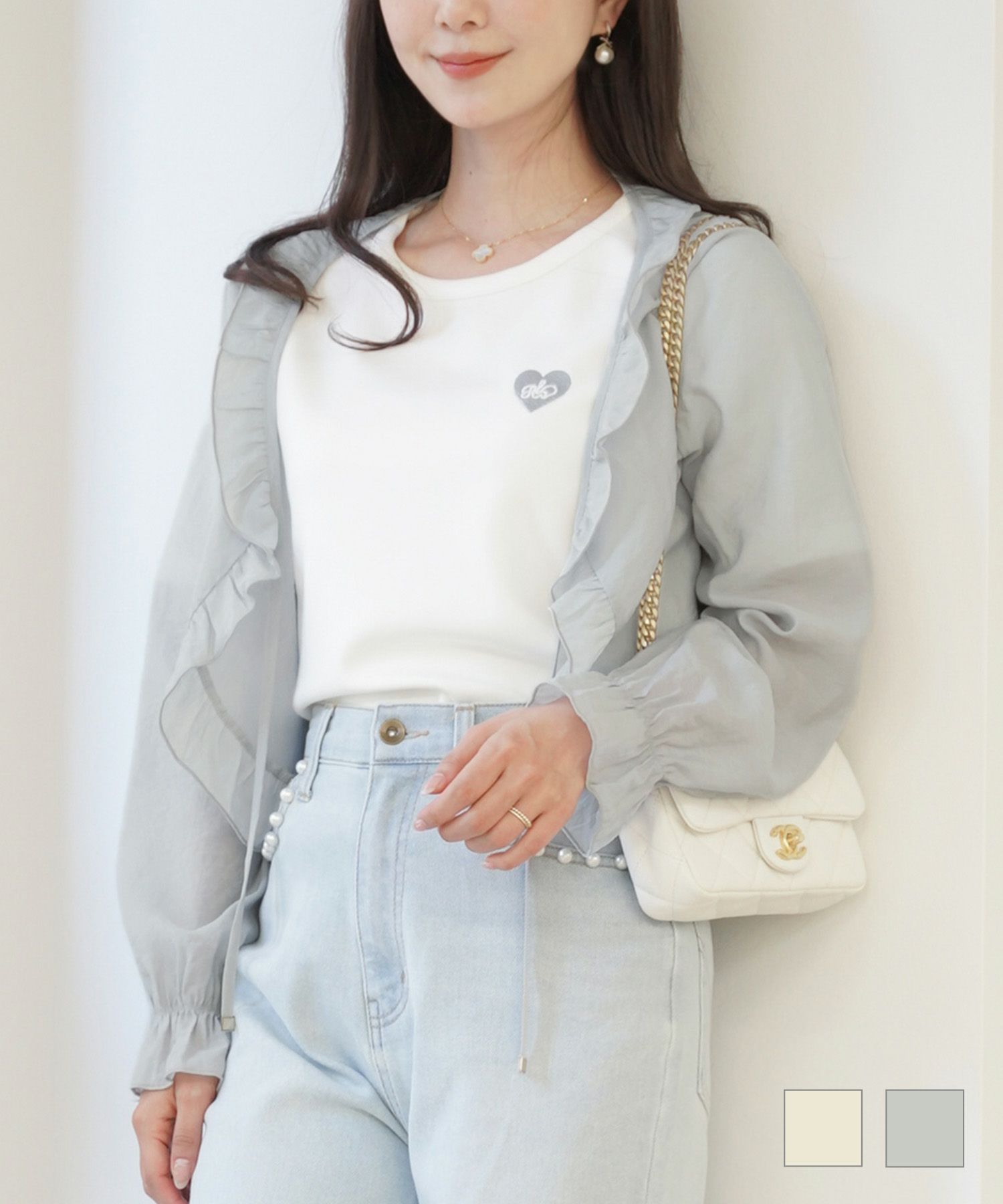 ギャザーフリルシフォンリボンカーディガンlerevevanillerアイボリー/アイスブルー