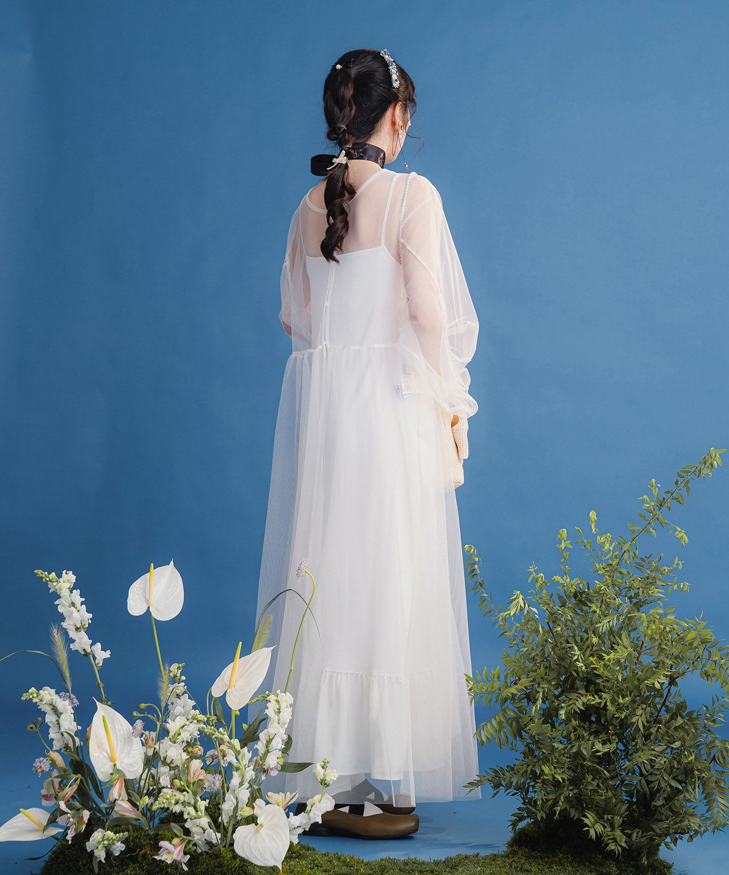 ワンピース/レイヤード/透け感/ロング/夏/オフホワイト/ライトグレー/長袖/M