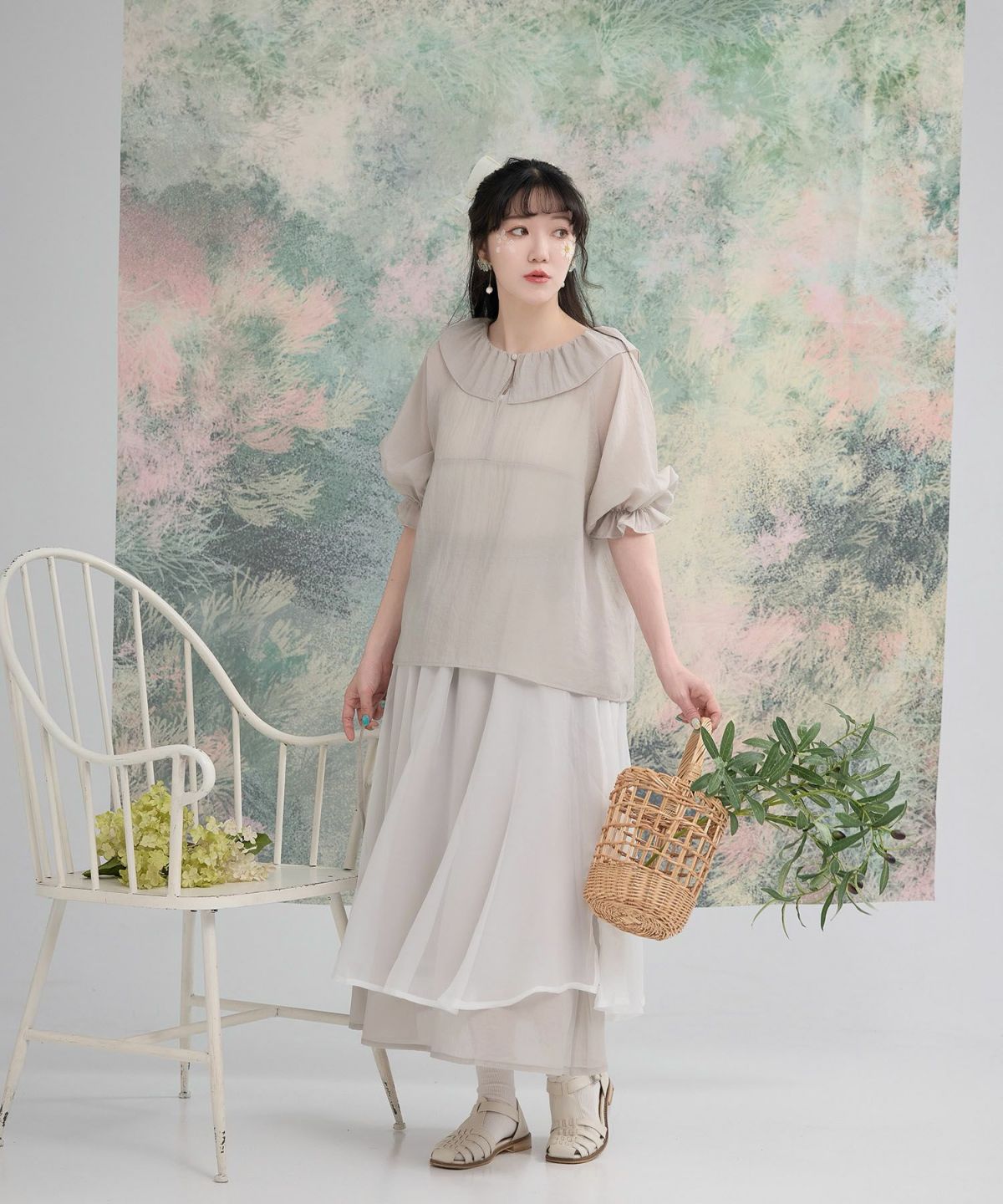 トレンド シアー ギャザー ガーリー カジュアル 2WAY/グレー/ベージュ/M