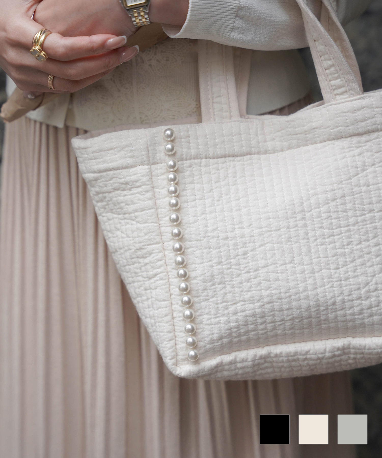 パールトリムヌビバッグミニHUITチャコール/ブラック/アイボリー/グレー