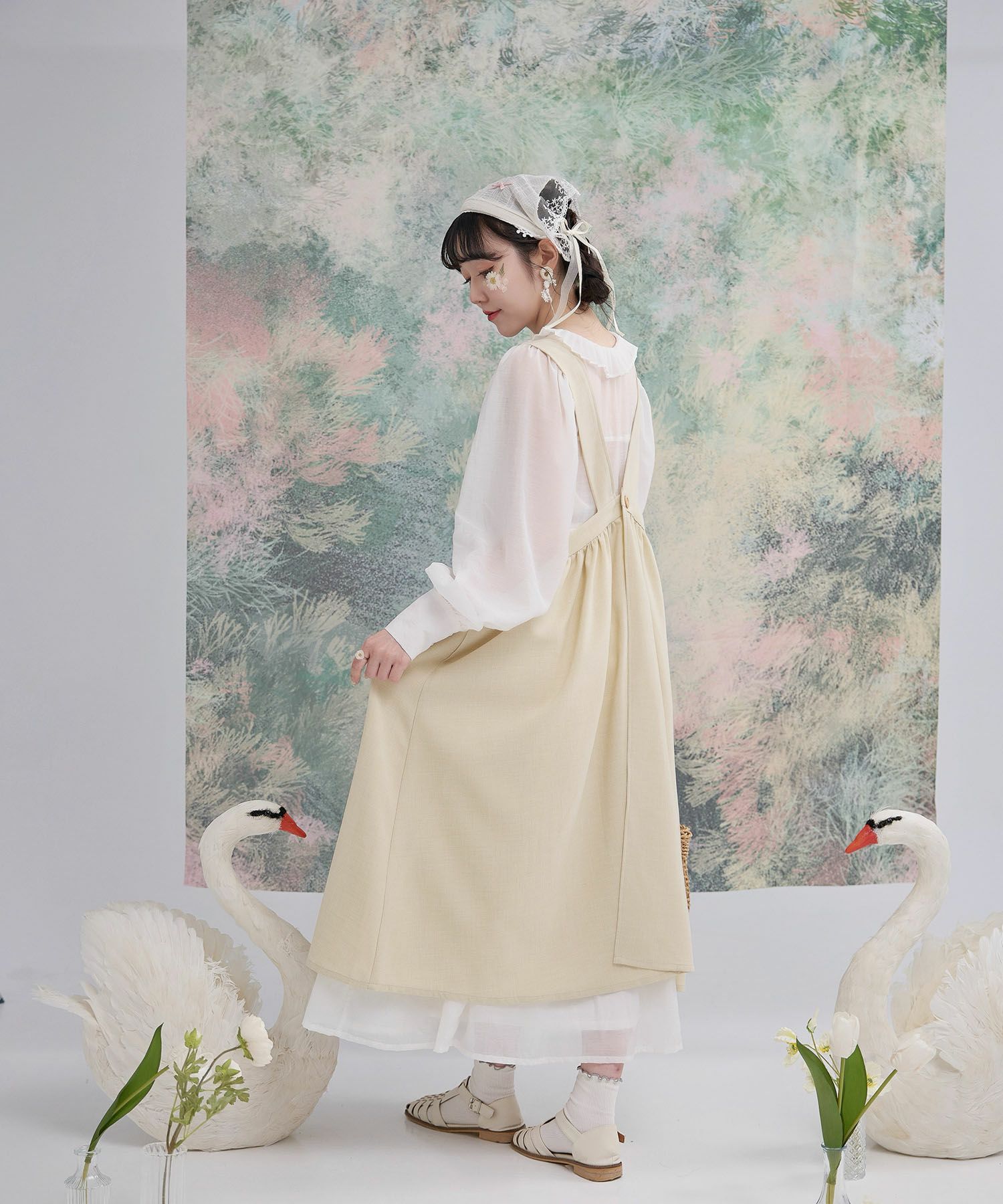 スワン 刺繍 エプロン ワンピース miolite 全2色｜mio331-0040【1  