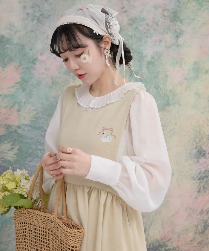 スワン 刺繍 エプロン ワンピース miolite 全2色｜mio331-0040