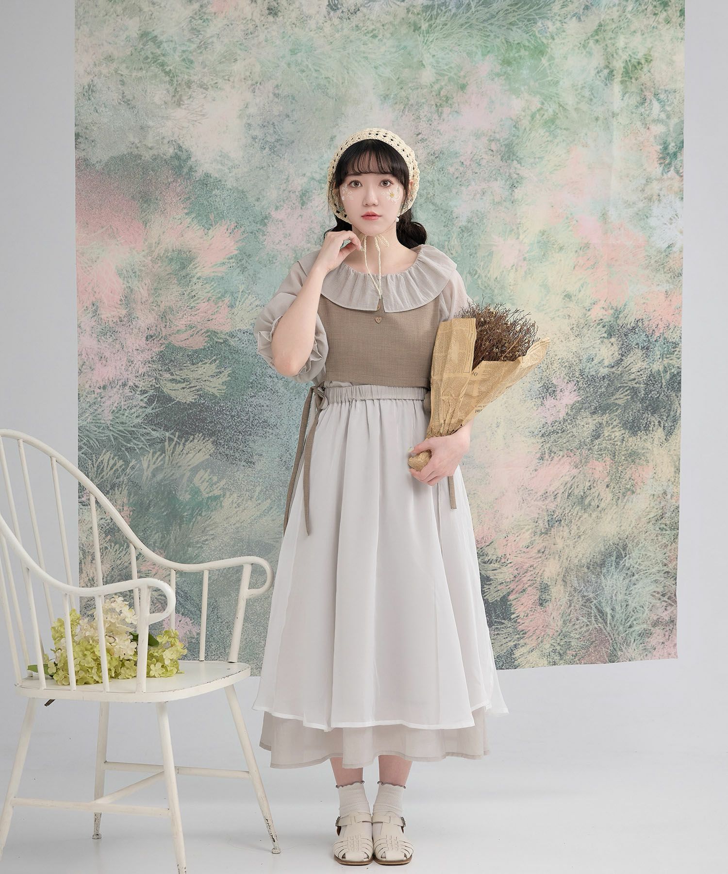 Aライン スリット リボン 夏 ロング/グレー/ベージュ/M