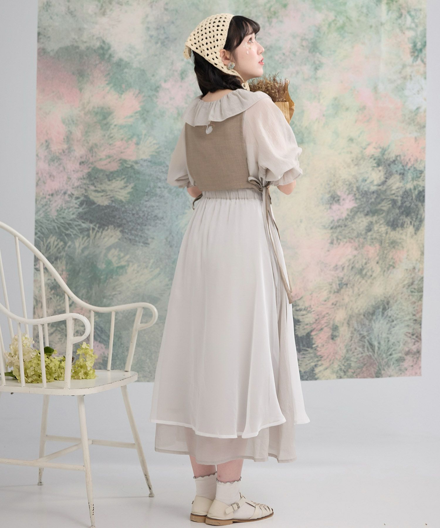 Aライン スリット リボン 夏 ロング/グレー/ベージュ/M