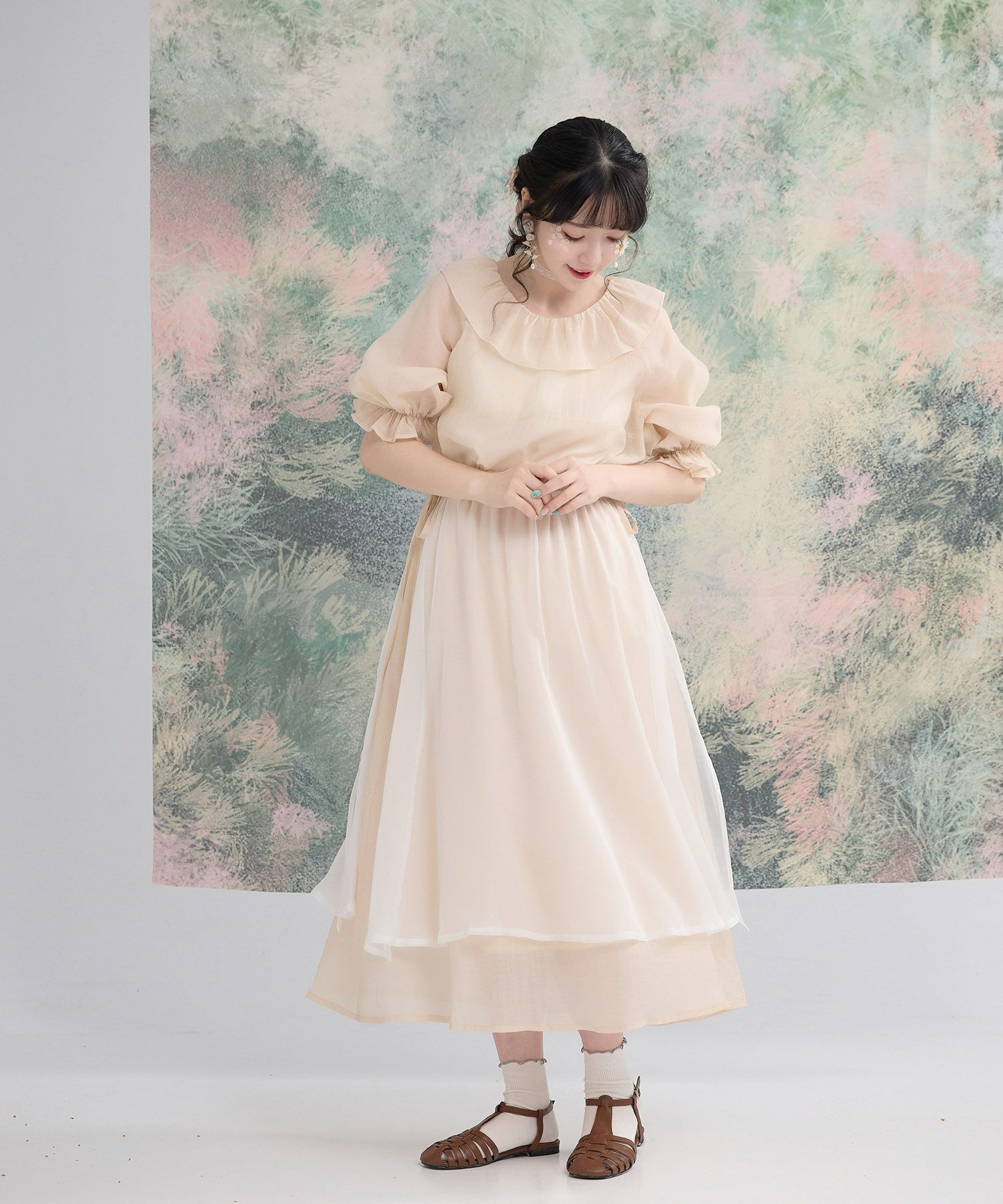 Aライン スリット リボン 夏 ロング/グレー/ベージュ/M