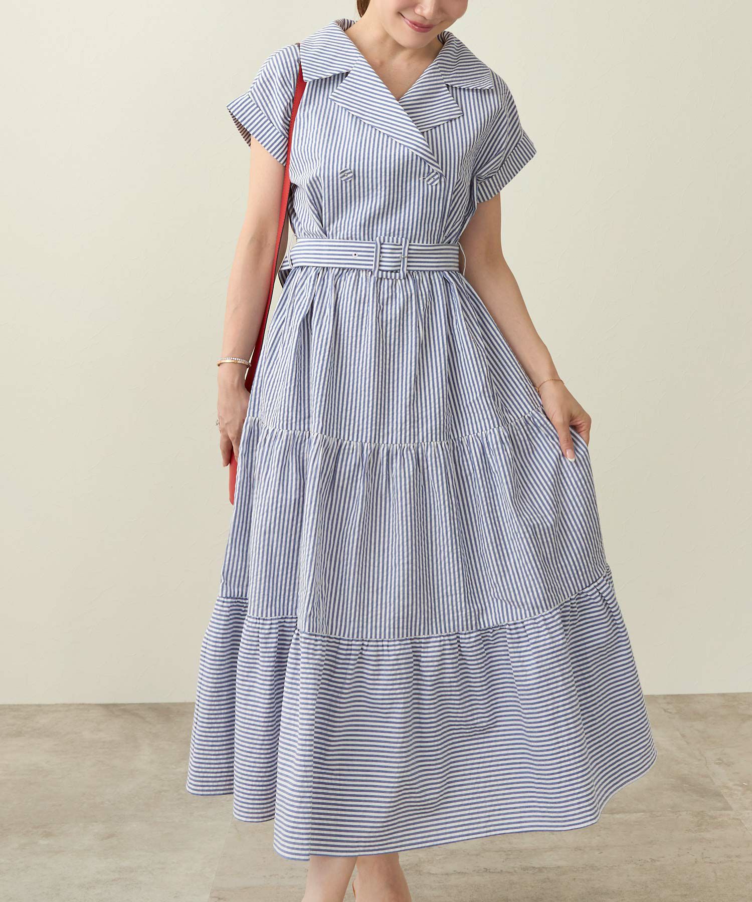 手洗い可 大人 コーデ 着痩せ コットン 白 ストライプ シャツ 30代 40代 レディース 夏 ウエストマーク ジョイントスペース