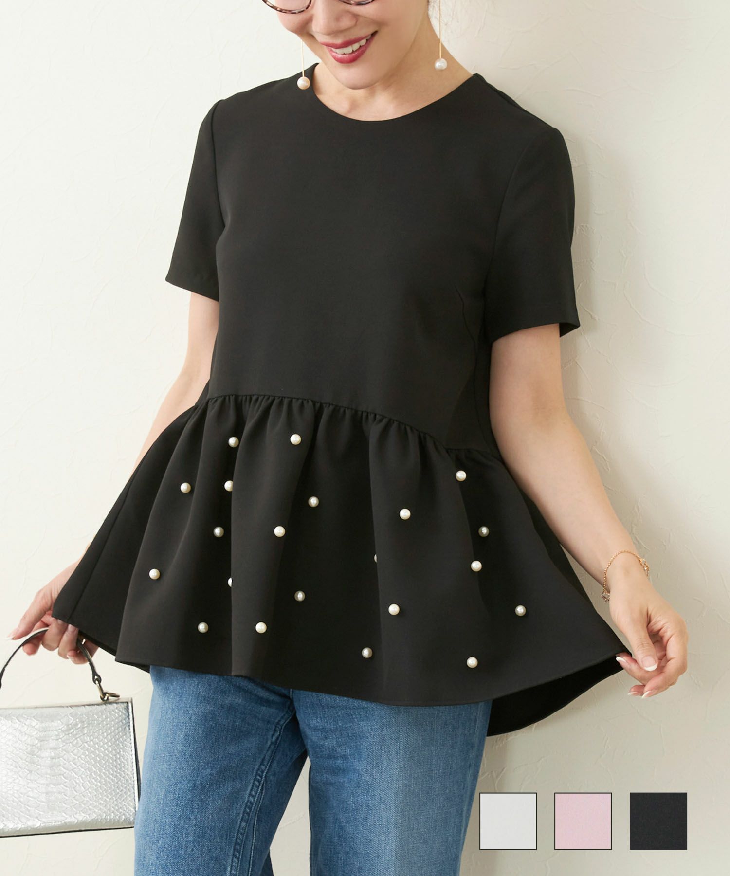 パール ペプラム 半袖 ブラウス Liala×PG