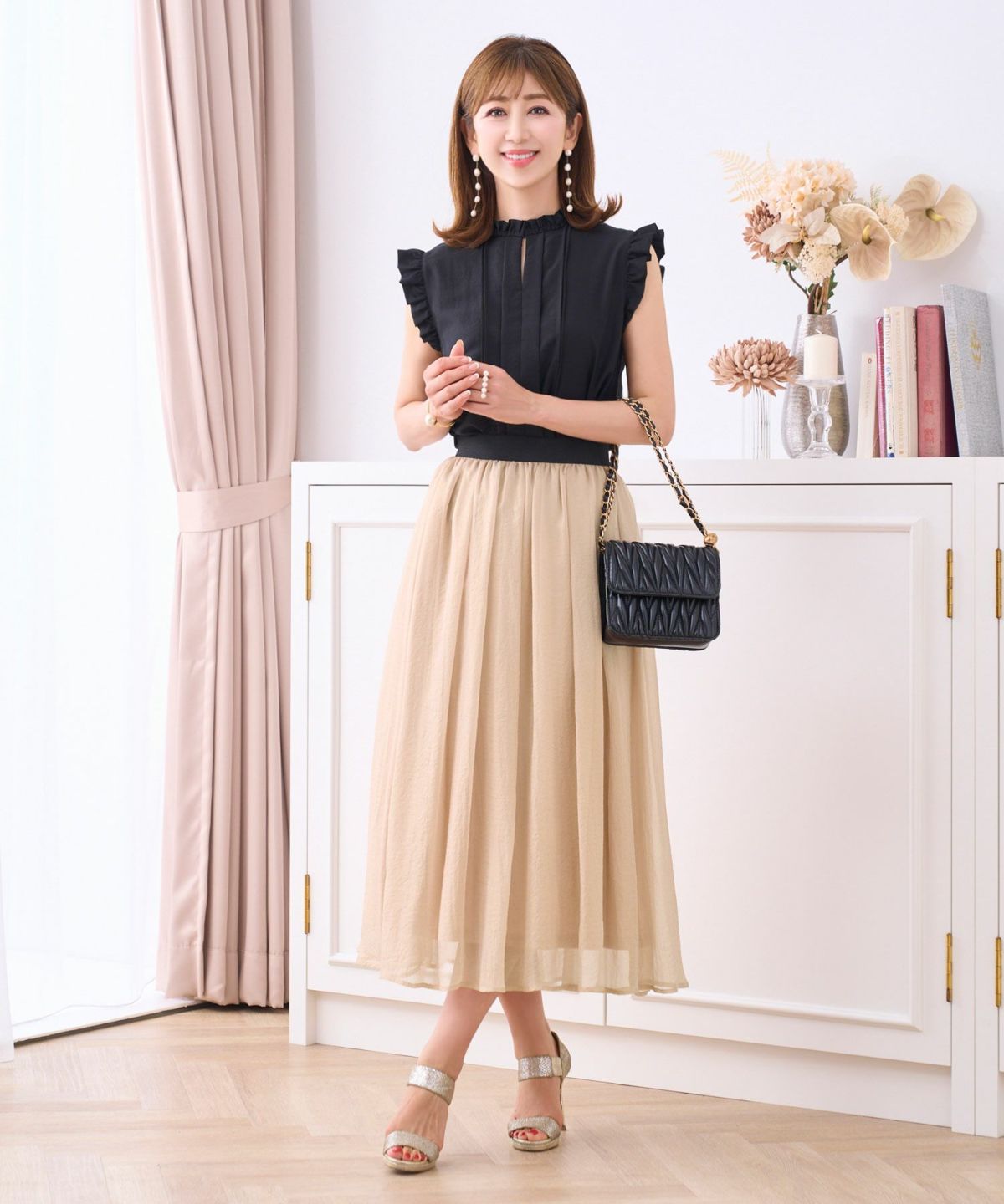 セレクト/スカートウエストゴム伸びるドレープラメ大人フレアキラキラ春夏秋きれいめジョイントスペース