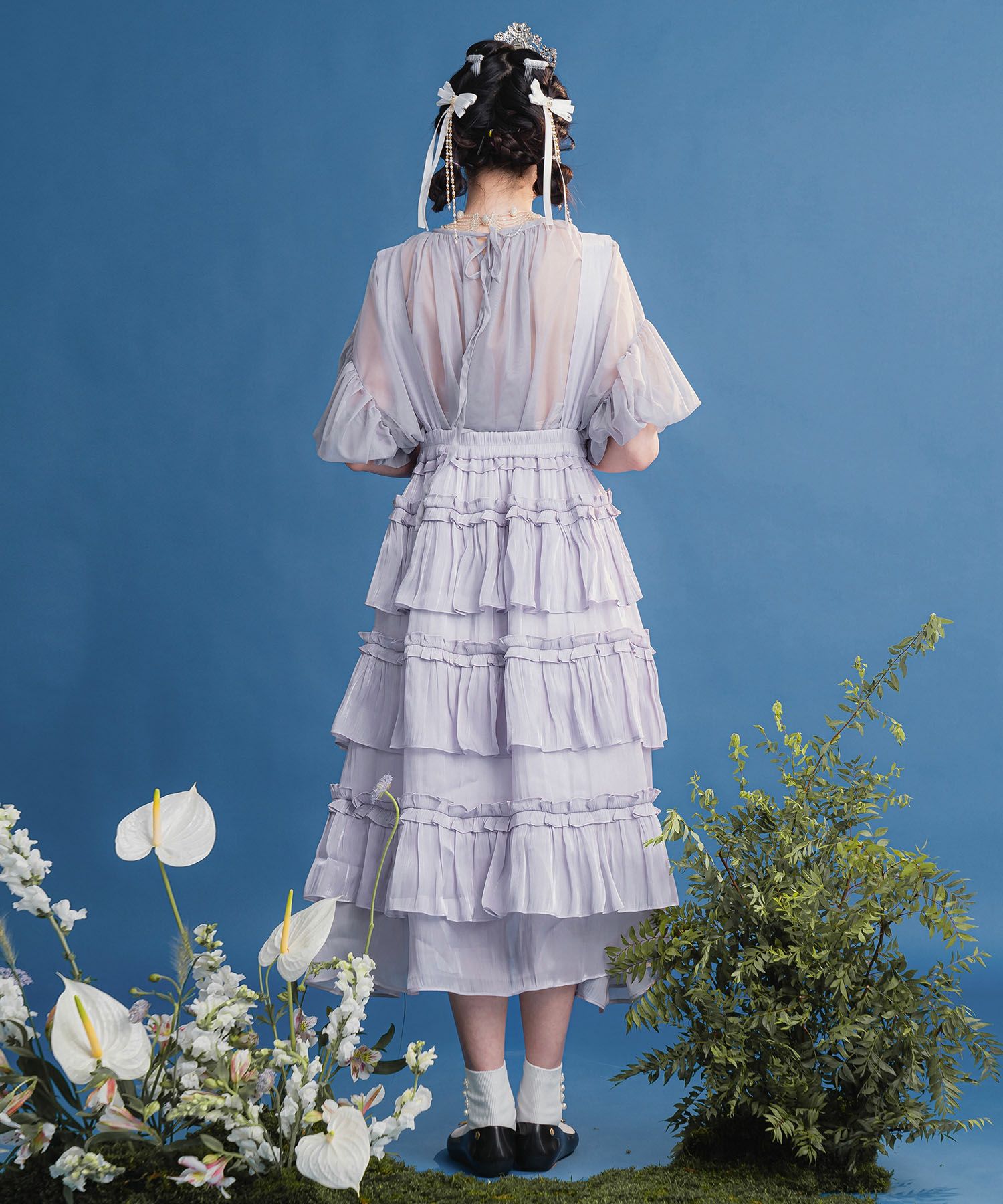 レディース ロング/サス付き/フリル/スカート/グレー/ベージュ/M