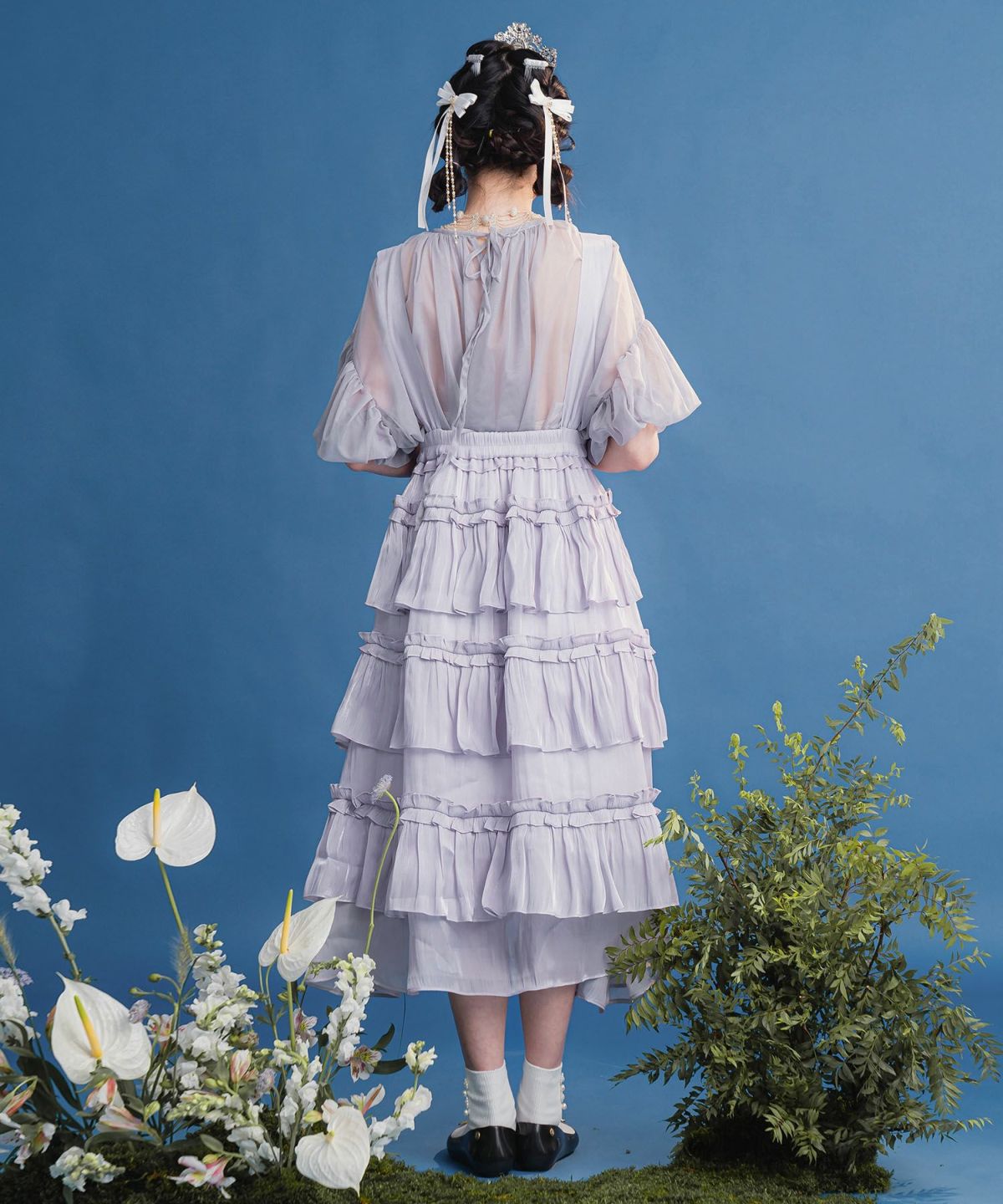 レディース ロング/サス付き/フリル/スカート/グレー/ベージュ/M