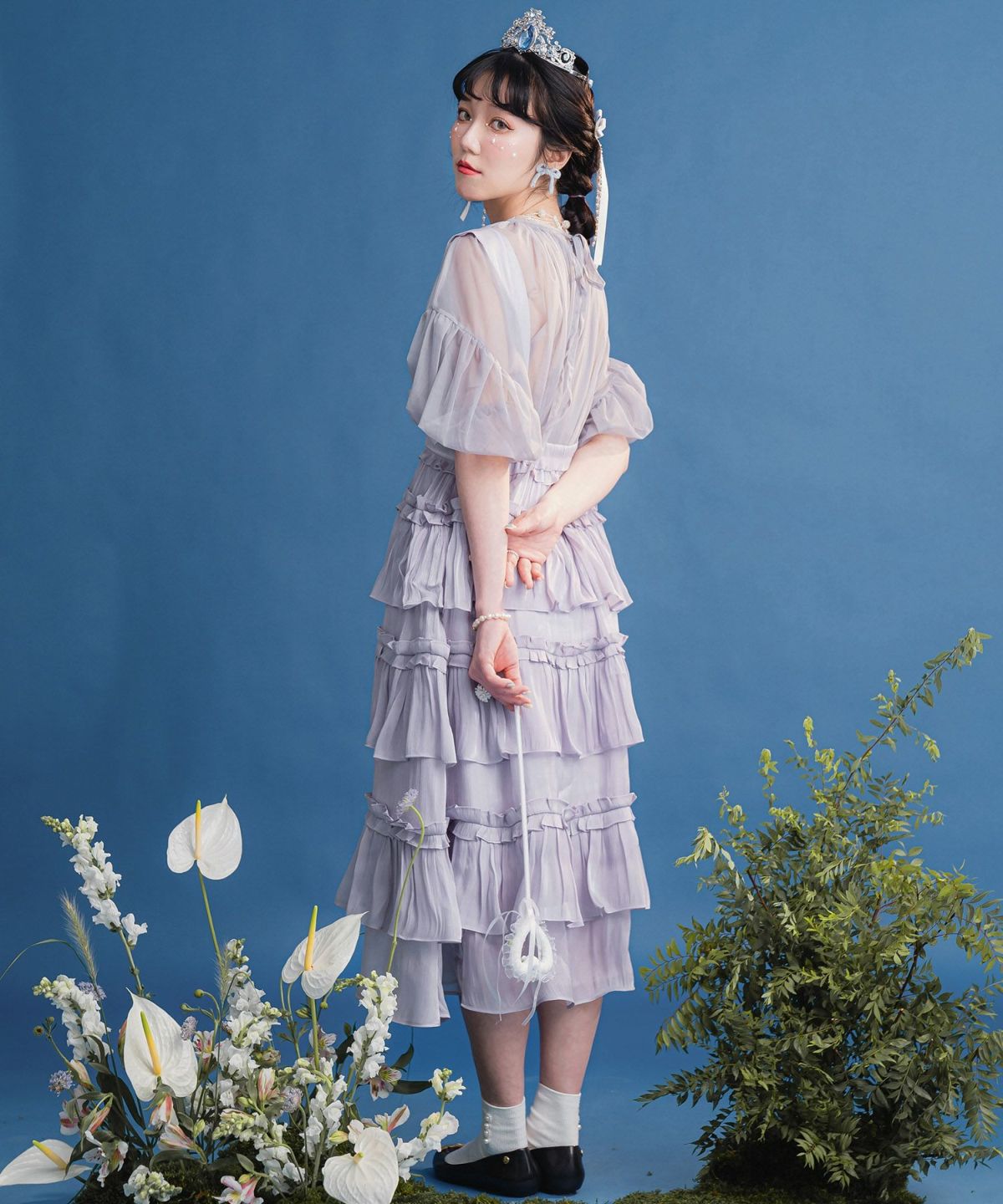 レディース ロング/サス付き/フリル/スカート/グレー/ベージュ/M