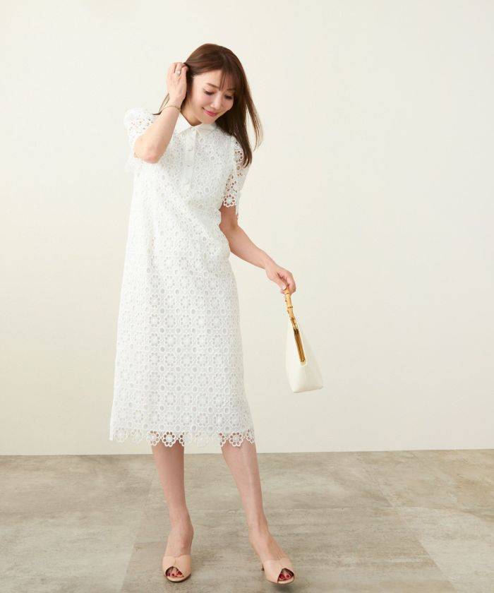 SUMMER-SALE レース シャツ襟 ワンピース Liala×PG 全3色