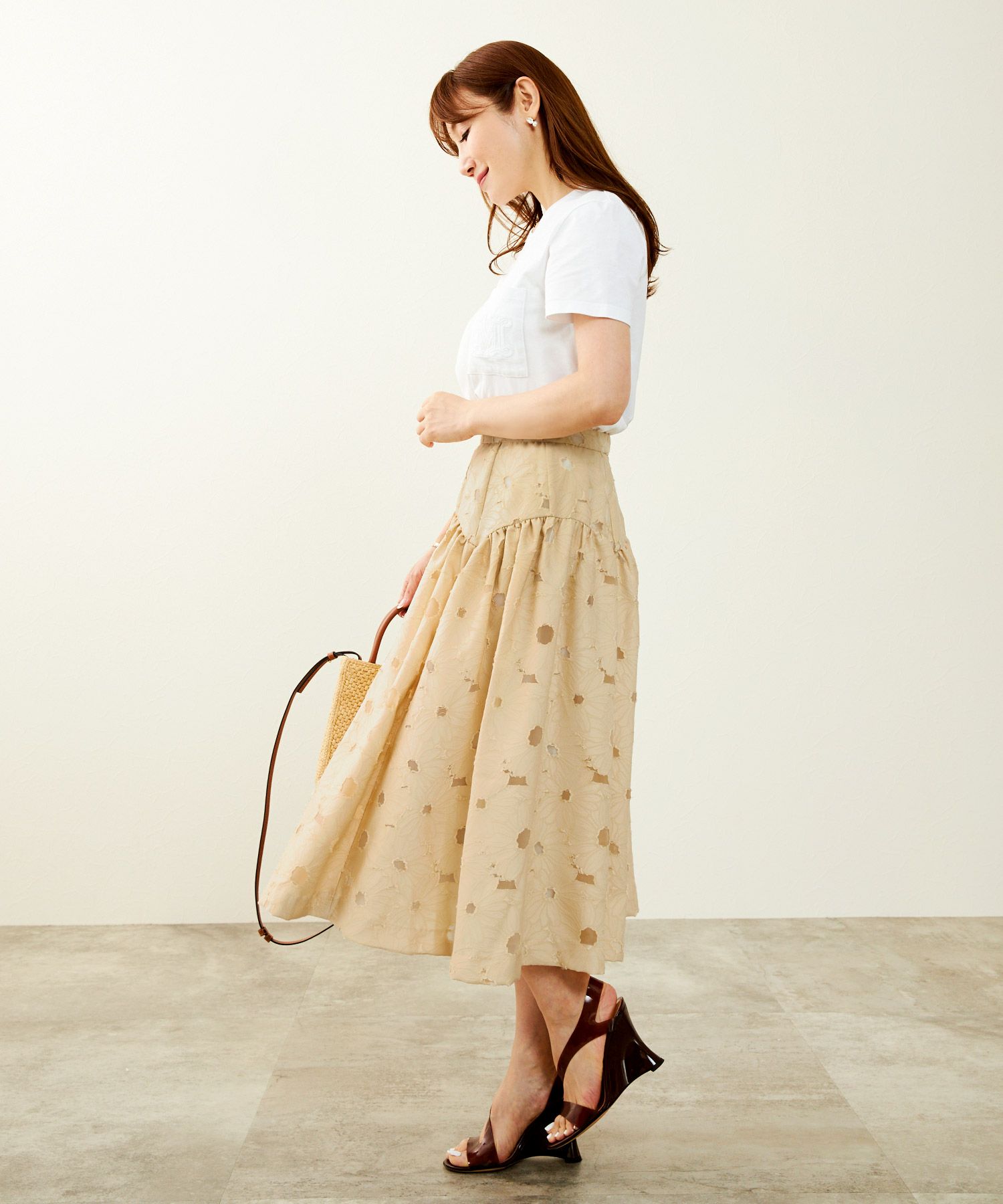 洗濯可/ジャガードスカートフレアきれいめかわいいおしゃれ大人春夏秋柄花色ジョイントスペース