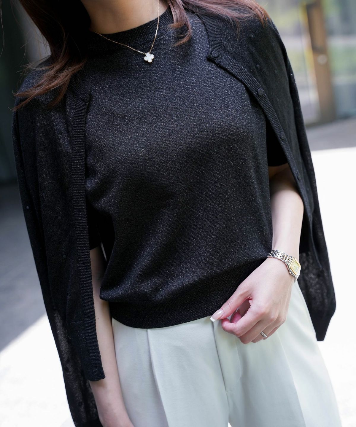 トップス/バック/パール/ベーシック/ラメ/ニット/トップス/杢グレー/ベージュ/ピンクベージュ/ブラック/M