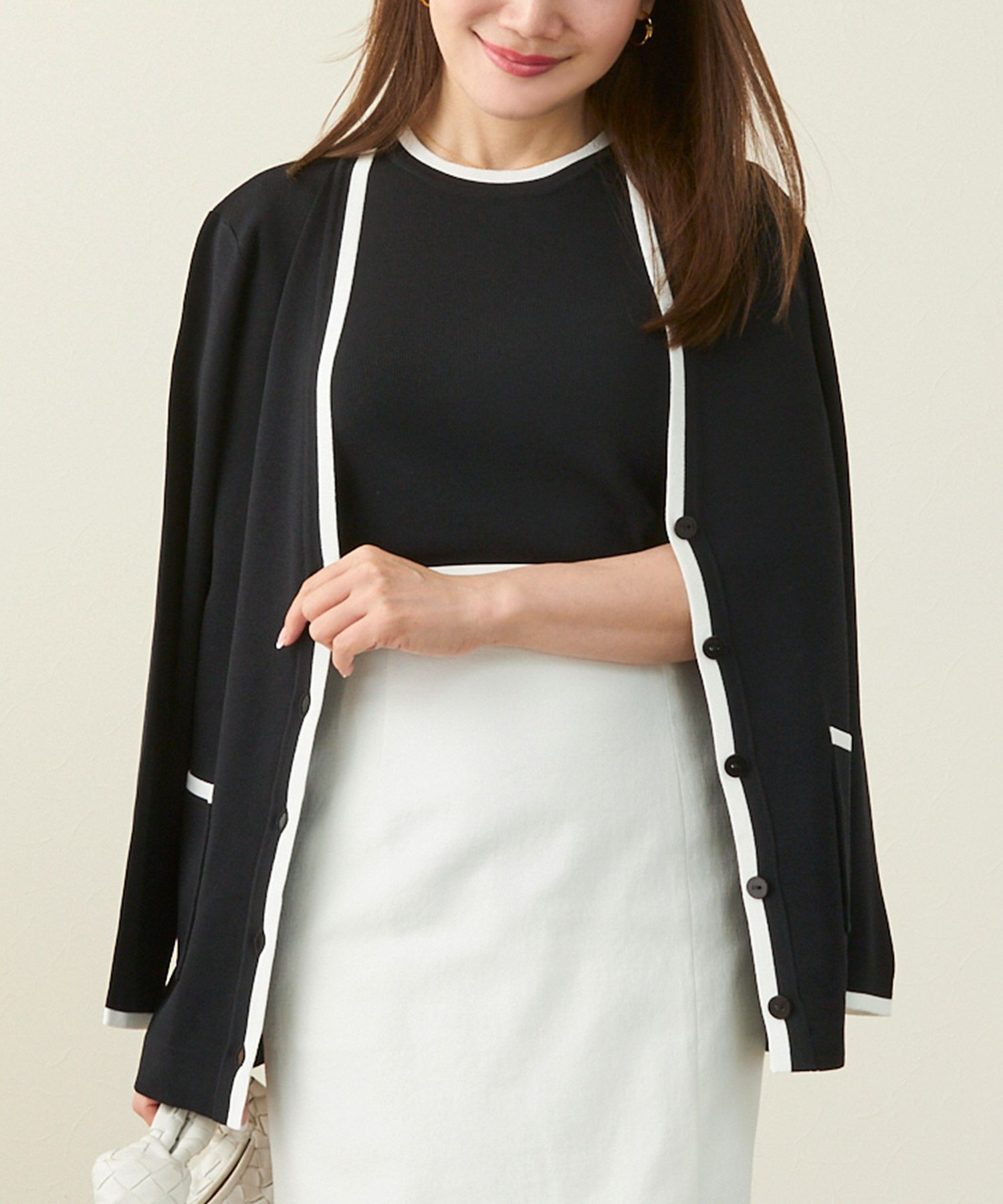 2点セット バイカラー Vネック カーディガン & 半袖 ニット  