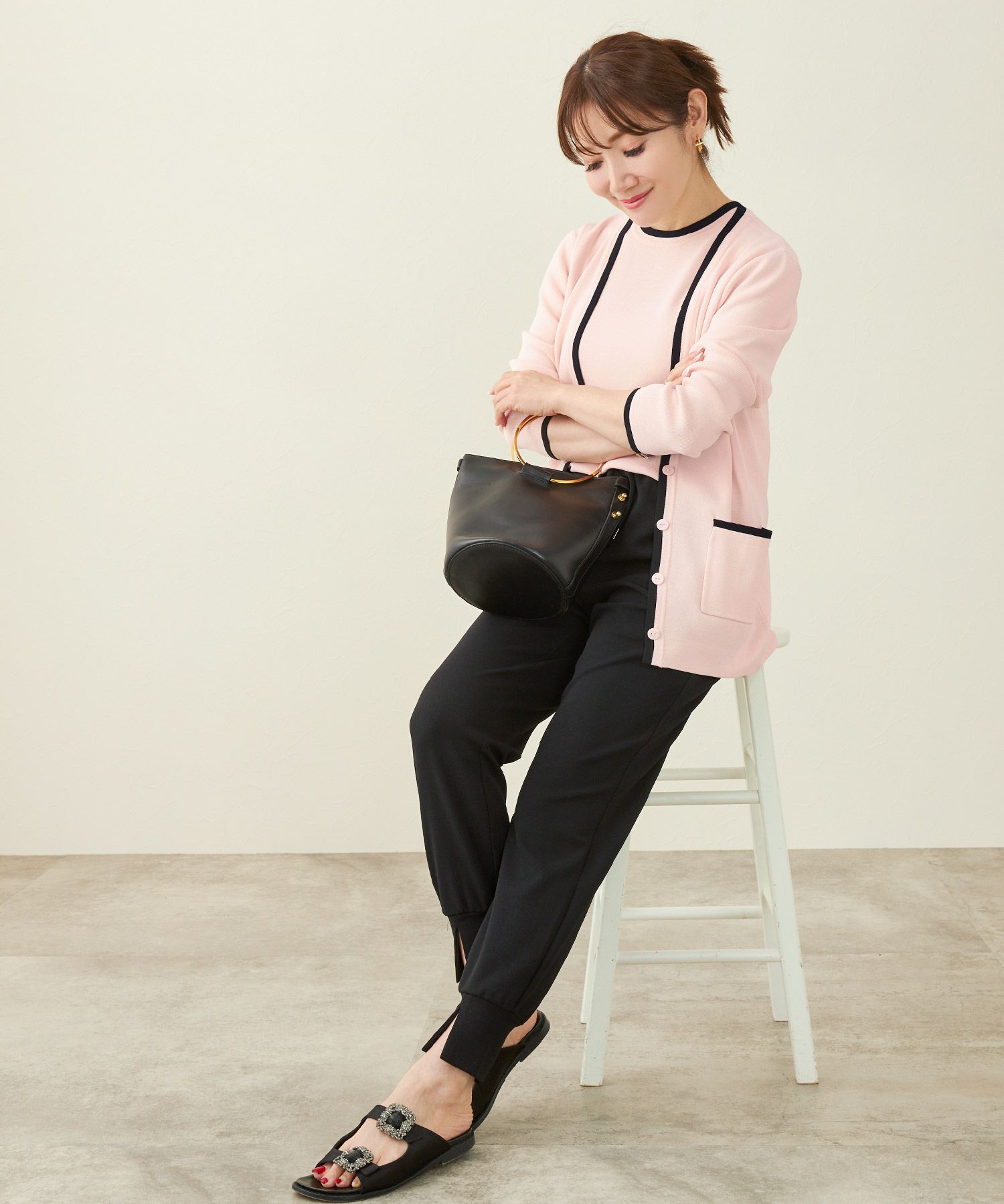 2点セット バイカラー Vネック カーディガン & 半袖 ニット  