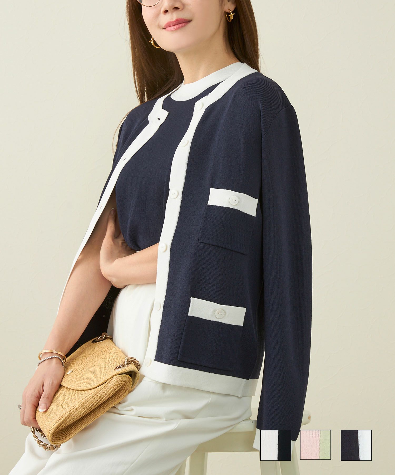 2点セット バイカラー クルーネック カーディガン & ノースリーブ ニット アンサンブル Liala×PG