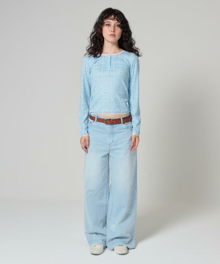 ルーズ デニムパンツ TINA：JOJUN 刺繍入り ストレートデニムパンツ TINA：JOJUN（デニムパンツ