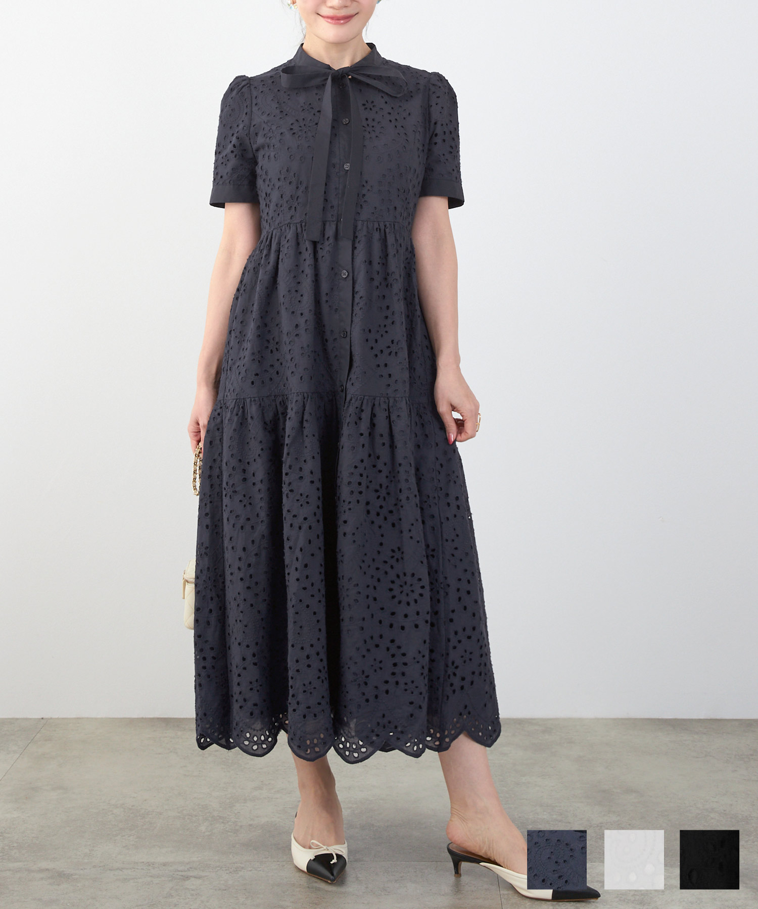 コットンレーススカラップヘムボウタイワンピース半袖