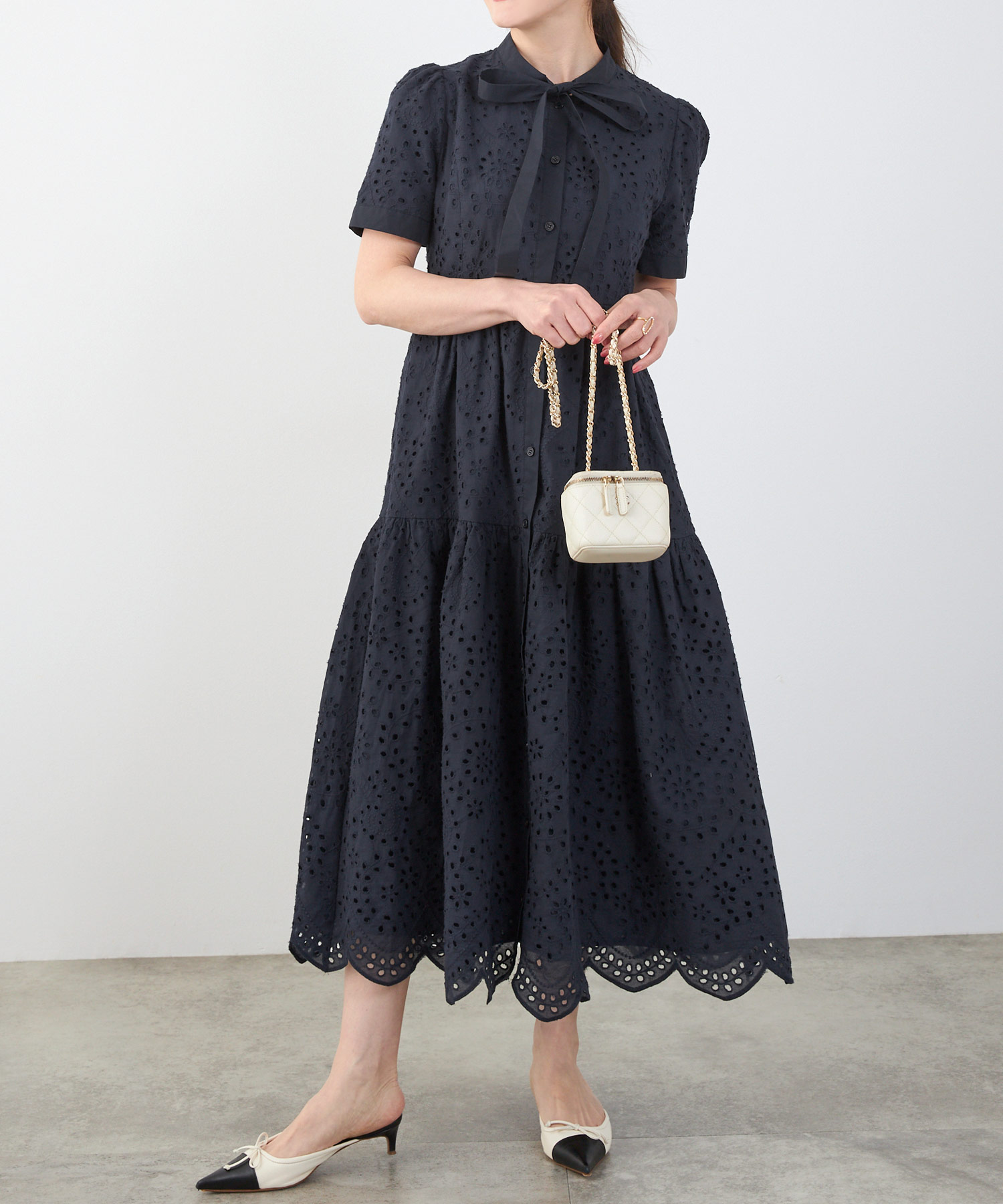 コットンレース スカラップヘム ボウタイ ワンピース 半袖 Liala×PG 全 