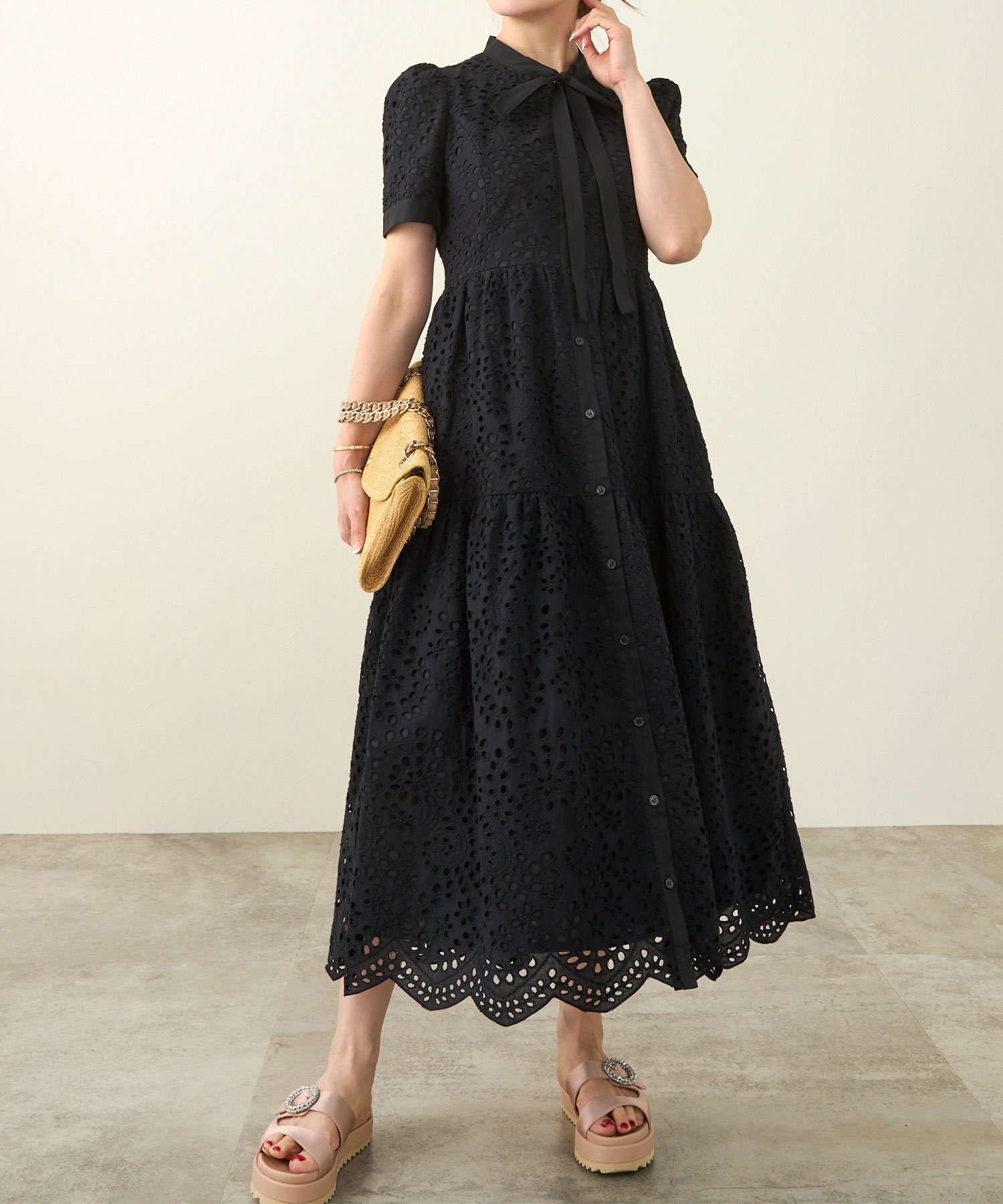 手洗い可レースワンピース半袖白黒レディース白い洗える春夏秋かわいい大人ロングジョイントスペース