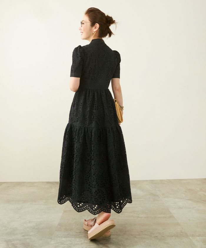 Liala×PG リアラ コットンレース スカラップヘム ボウタイ ワンピース SUMMER-SALE コットンレース スカラップヘム ボウタイ