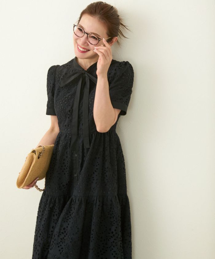 Liala×PG リアラ コットンレース スカラップヘム ボウタイ ワンピース SUMMER-SALE コットンレース スカラップヘム ボウタイ