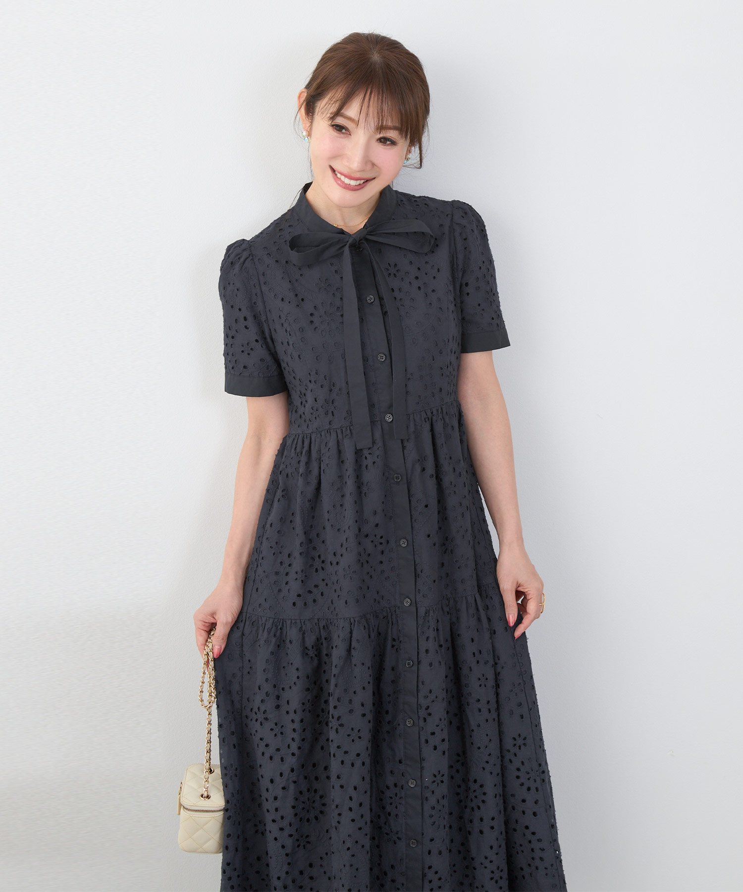 コットンレース スカラップヘム ボウタイ ワンピース 半袖 Liala×PG 全 