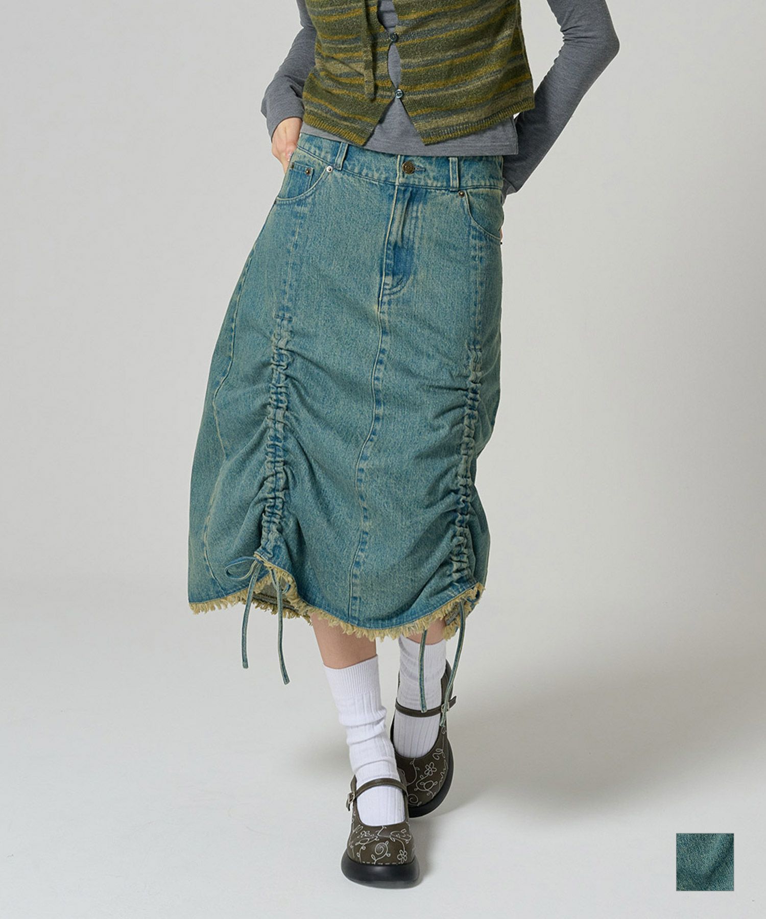 ミディ丈 ドロストデニムスカート TINA：JOJUN 全1色｜tnj631-0885【4  