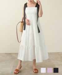 肩リボンティアードロングワンピース