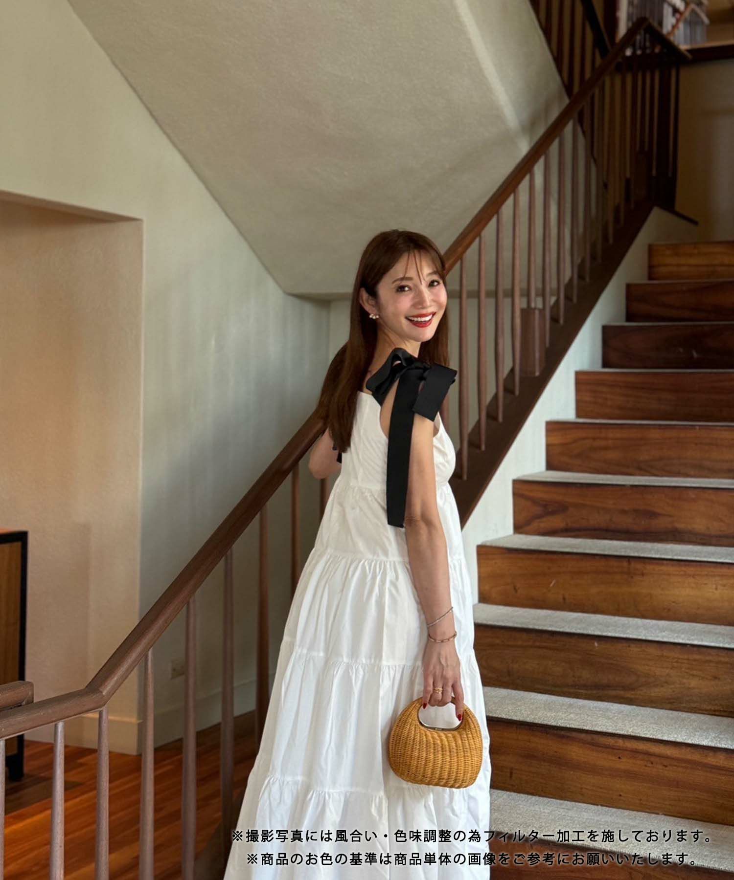 手洗い可/ワンピースロング春夏秋白黒リボン大人かわいい色無地きれいめ洗濯できるジョイントスペース