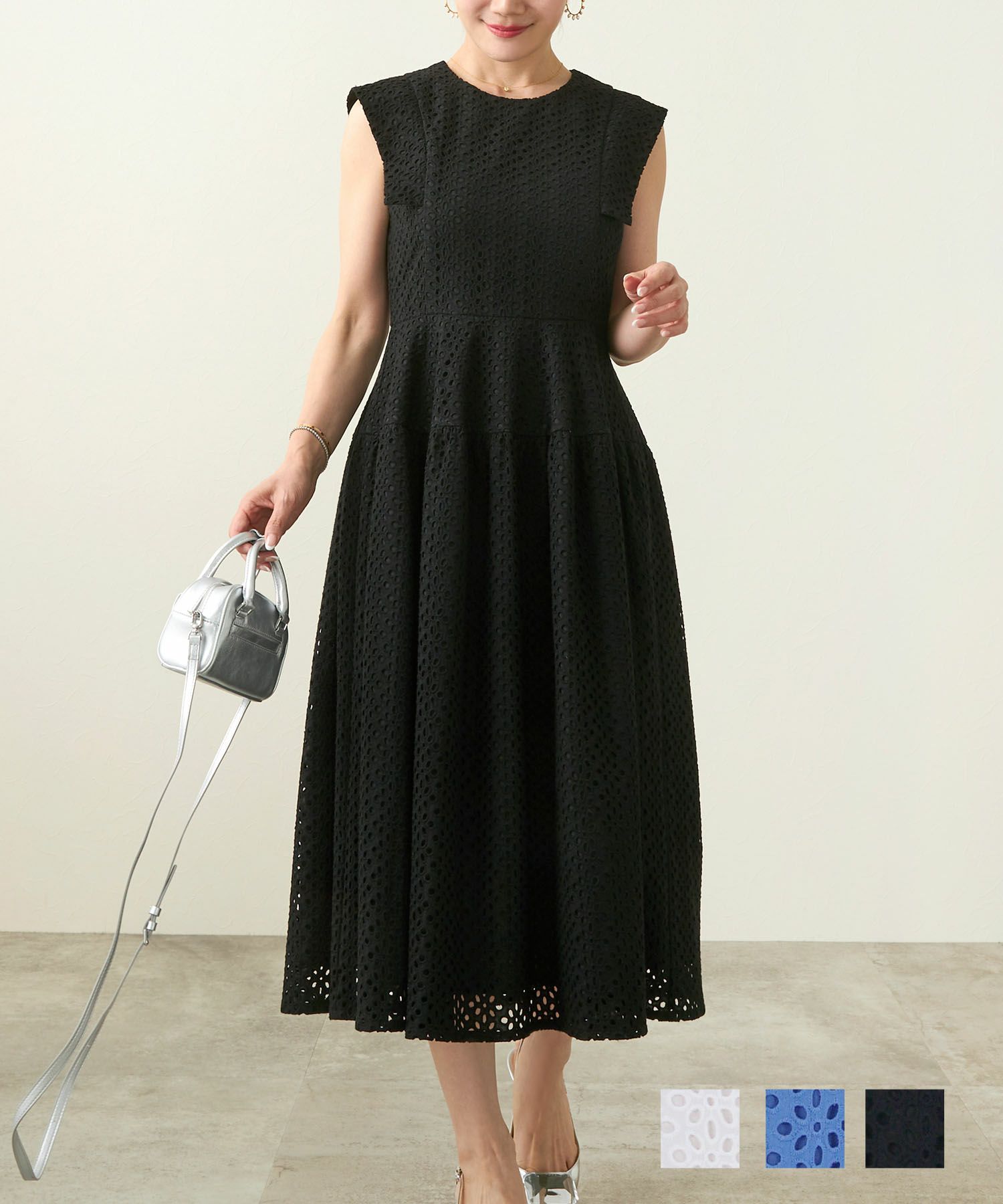 コットンレース スカラップヘム ボウタイ ワンピース 半袖 Liala×PG 全  