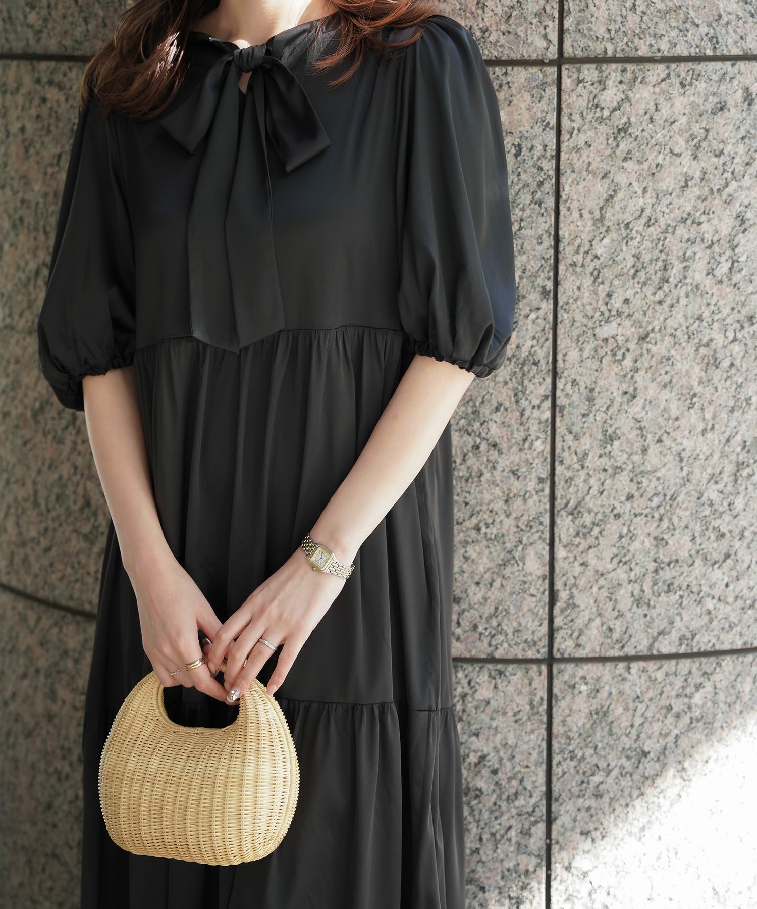 ボウタイ Vネック パフスリーブ /アイボリー/ベージュ/ブラック/M/半袖/ロング