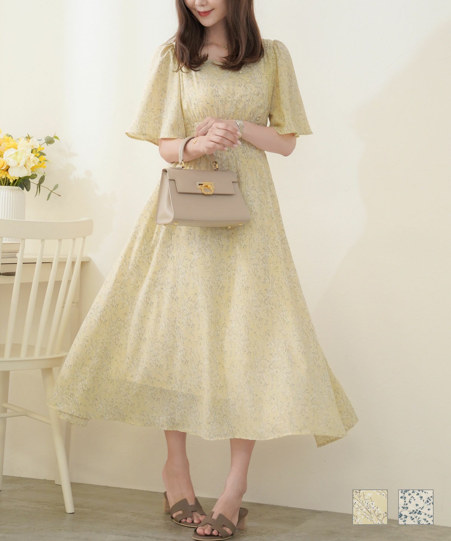 フレアスリーブ フラワー ワンピース le reve vaniller 全2色 ｜lvn331  