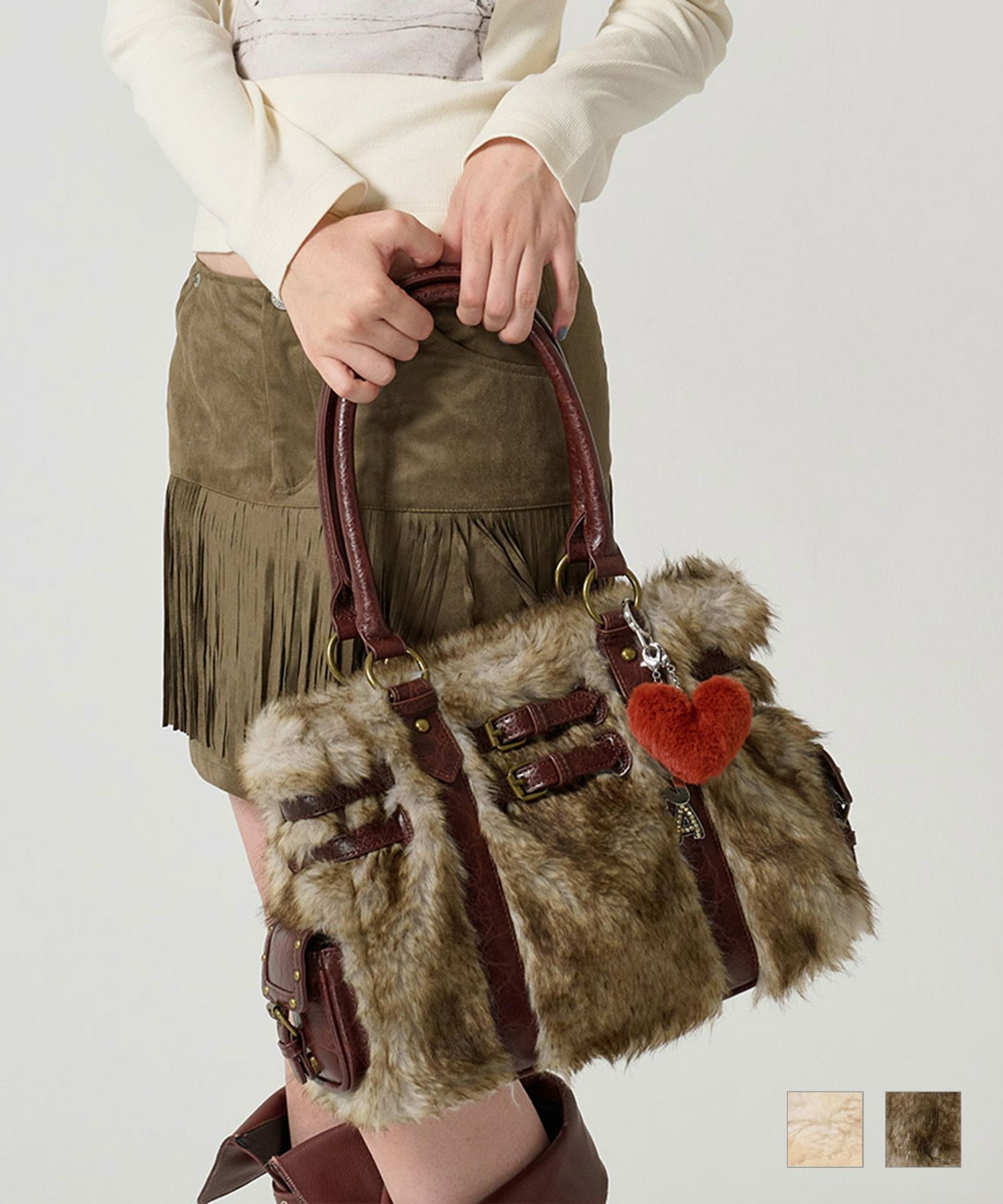 ヴィンテージライク フェイクファーハンドバッグ TINA：JOJUN 全2色  